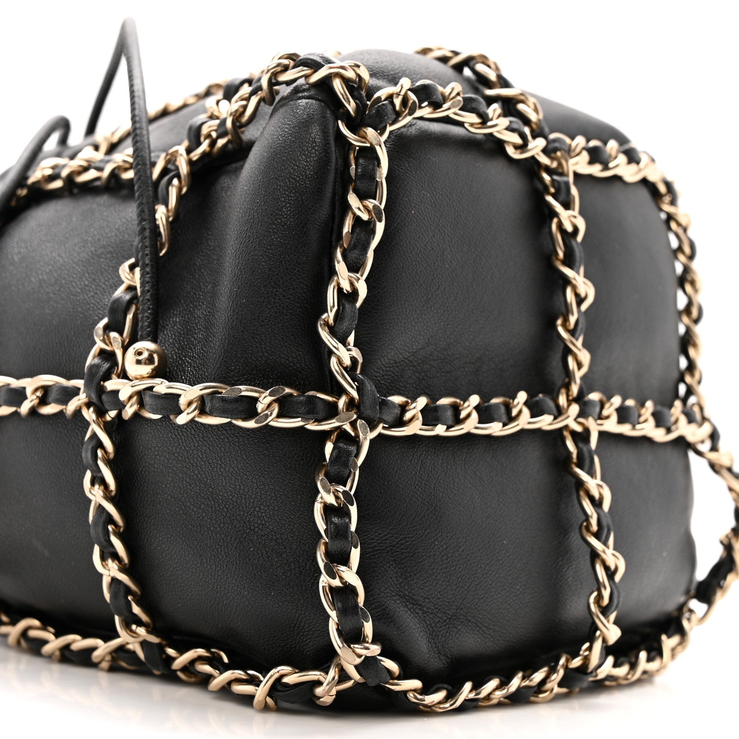 Lambskin Bucket Chain Drawstring Bag Black