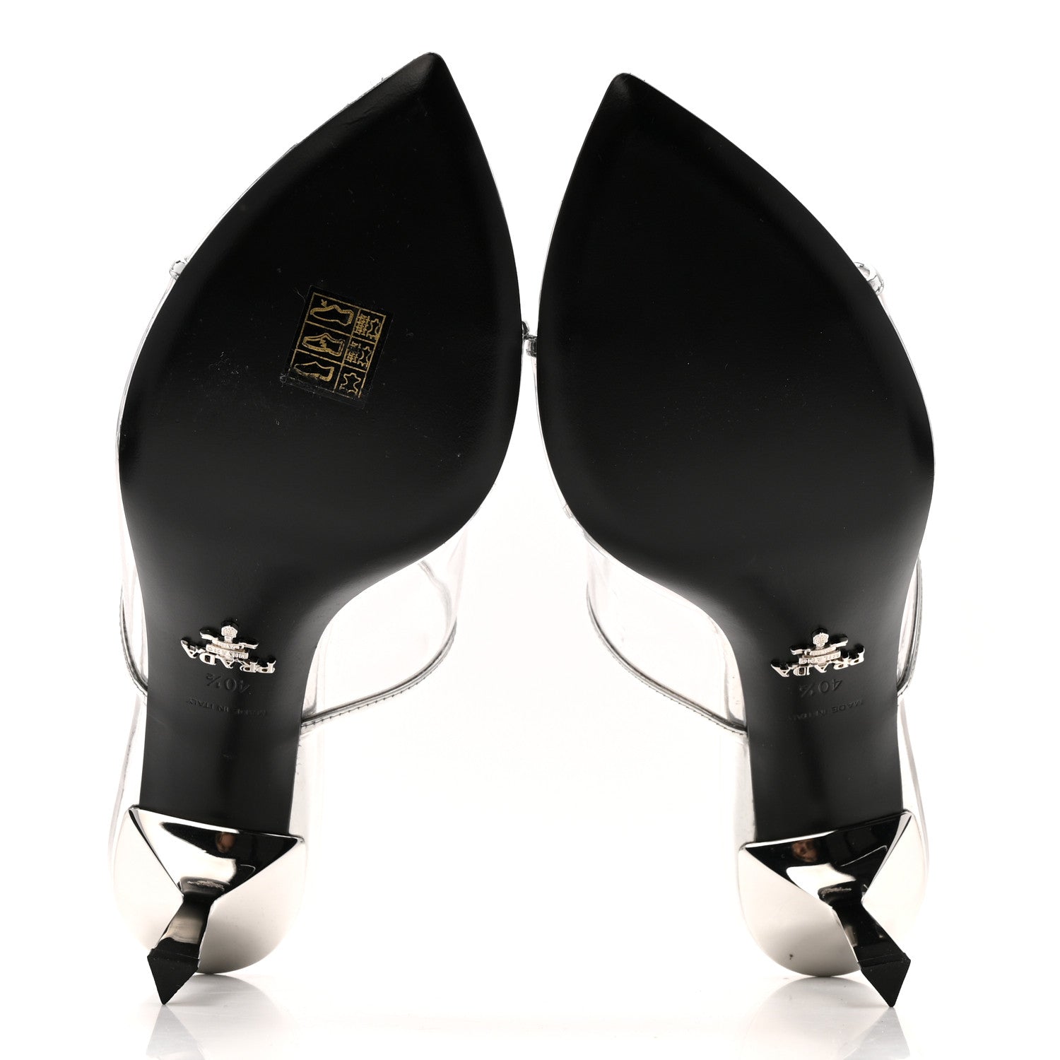 Plexiglass Metallic Calfskin Metal Triangle Logo 75mm Slide Sandals 40.5 Argento