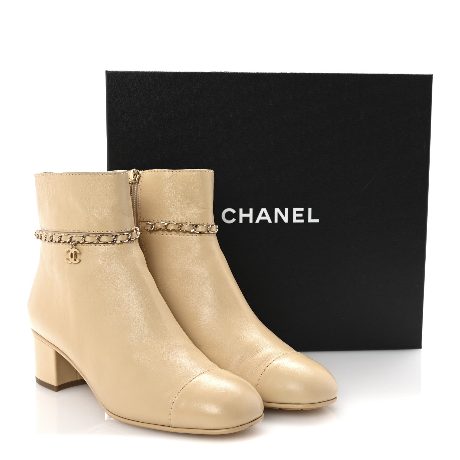Calfskin Cap Toe Chain Short Boots 41 Beige