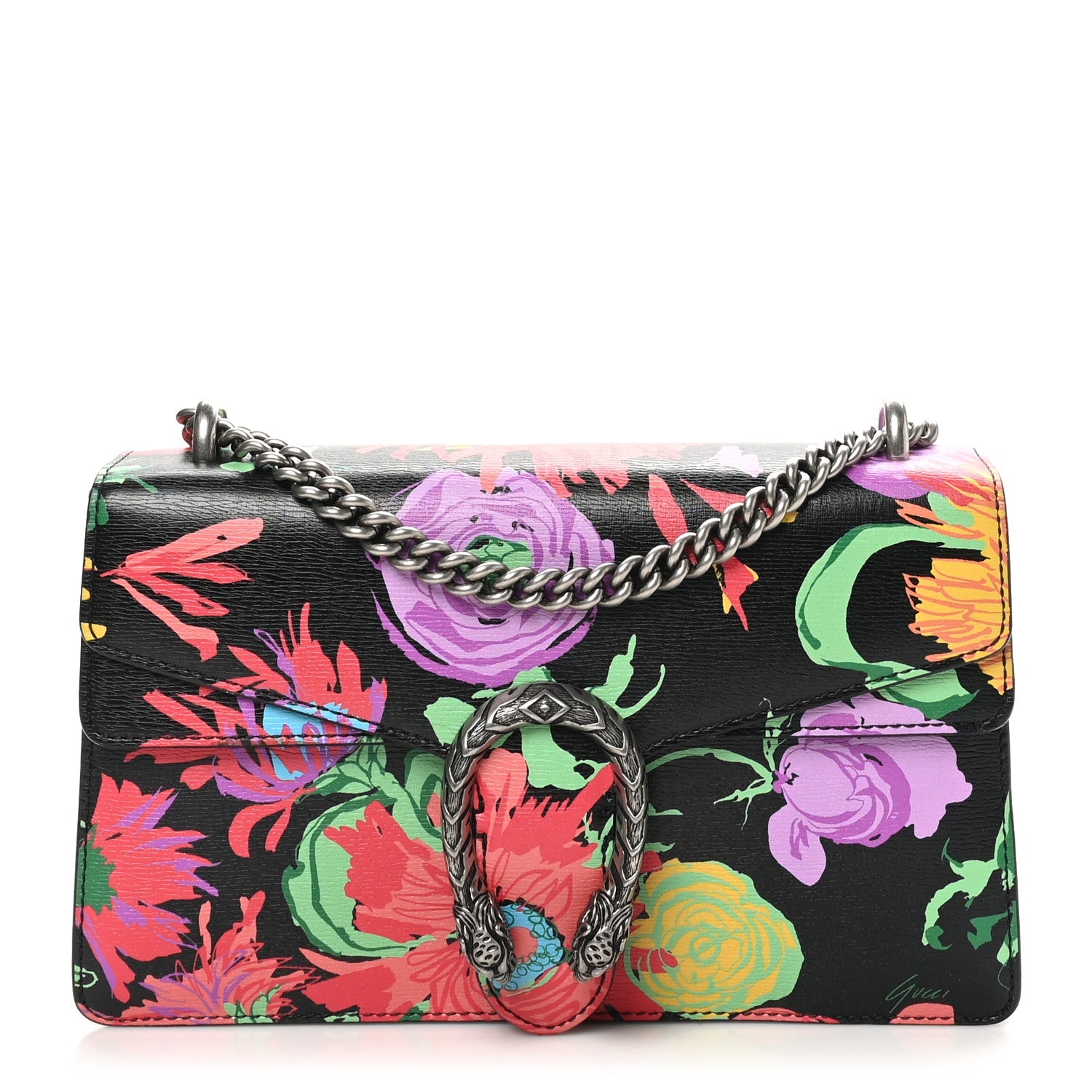 New Shangai Calfskin Jenny Floral Print Small Dionysus Shoulder Bag Black Pink