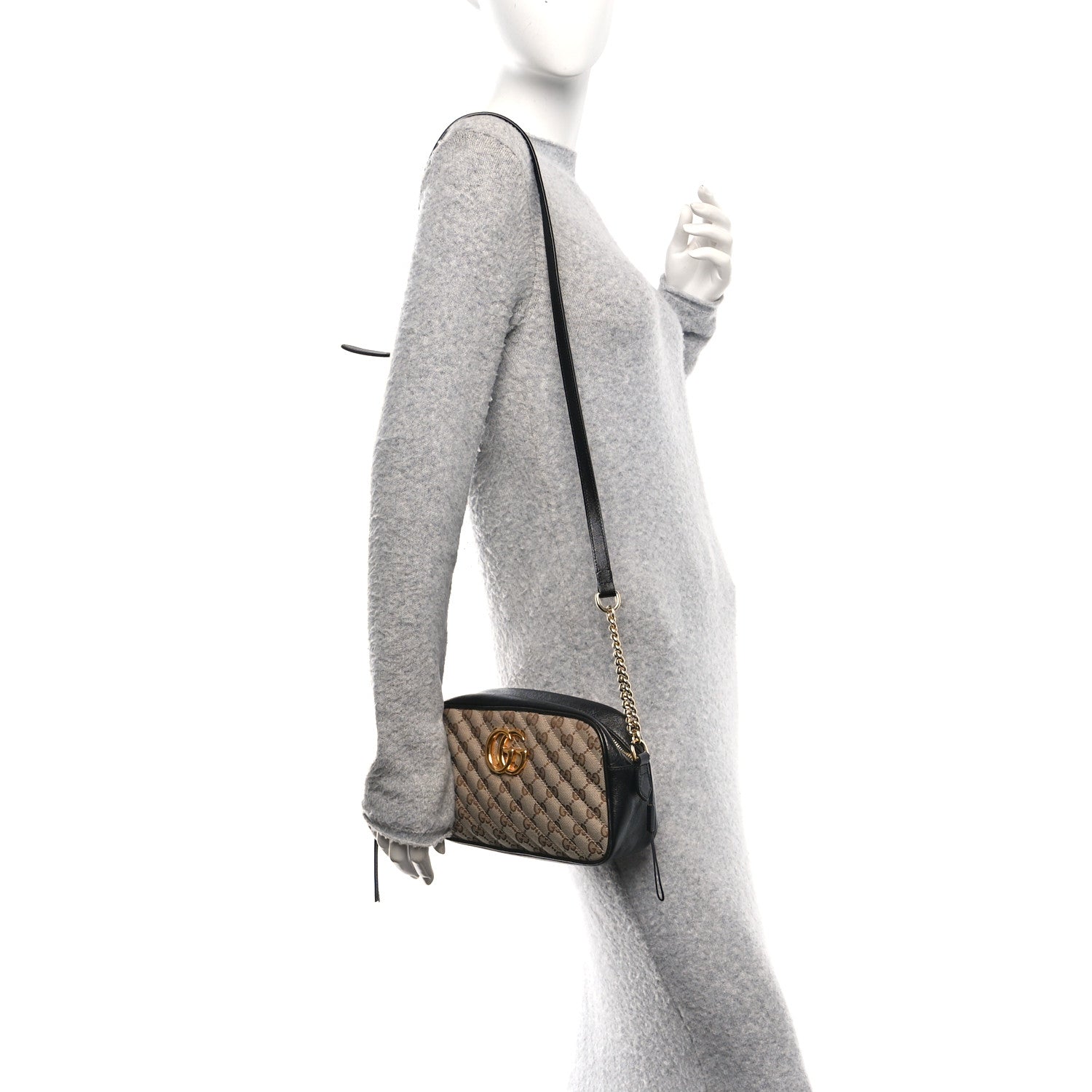 Monogram Matelasse Diagonal Small GG Marmont Chain Shoulder Bag Beige Black