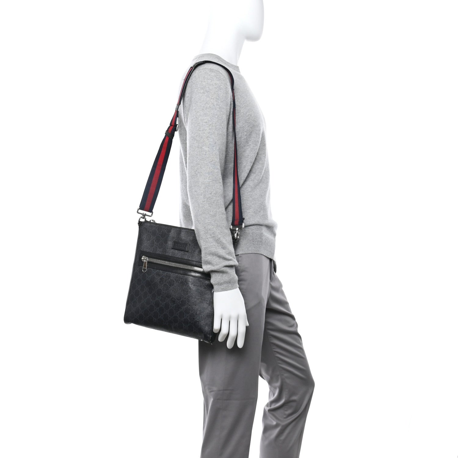 GG Supreme Monogram Appia Calfskin Web Flat Messenger Bag Black Grey