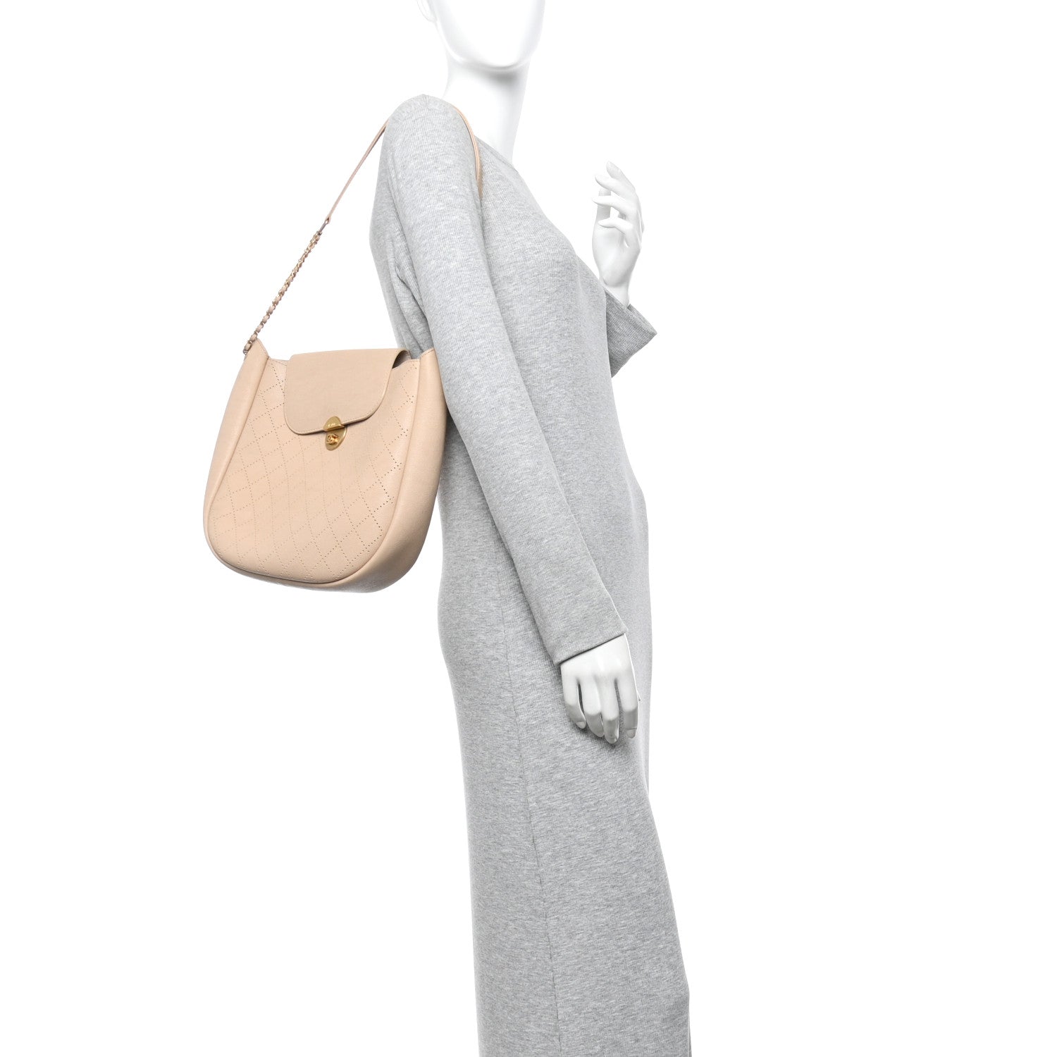 Grained Calfskin Perforated Small Flap Hobo Beige