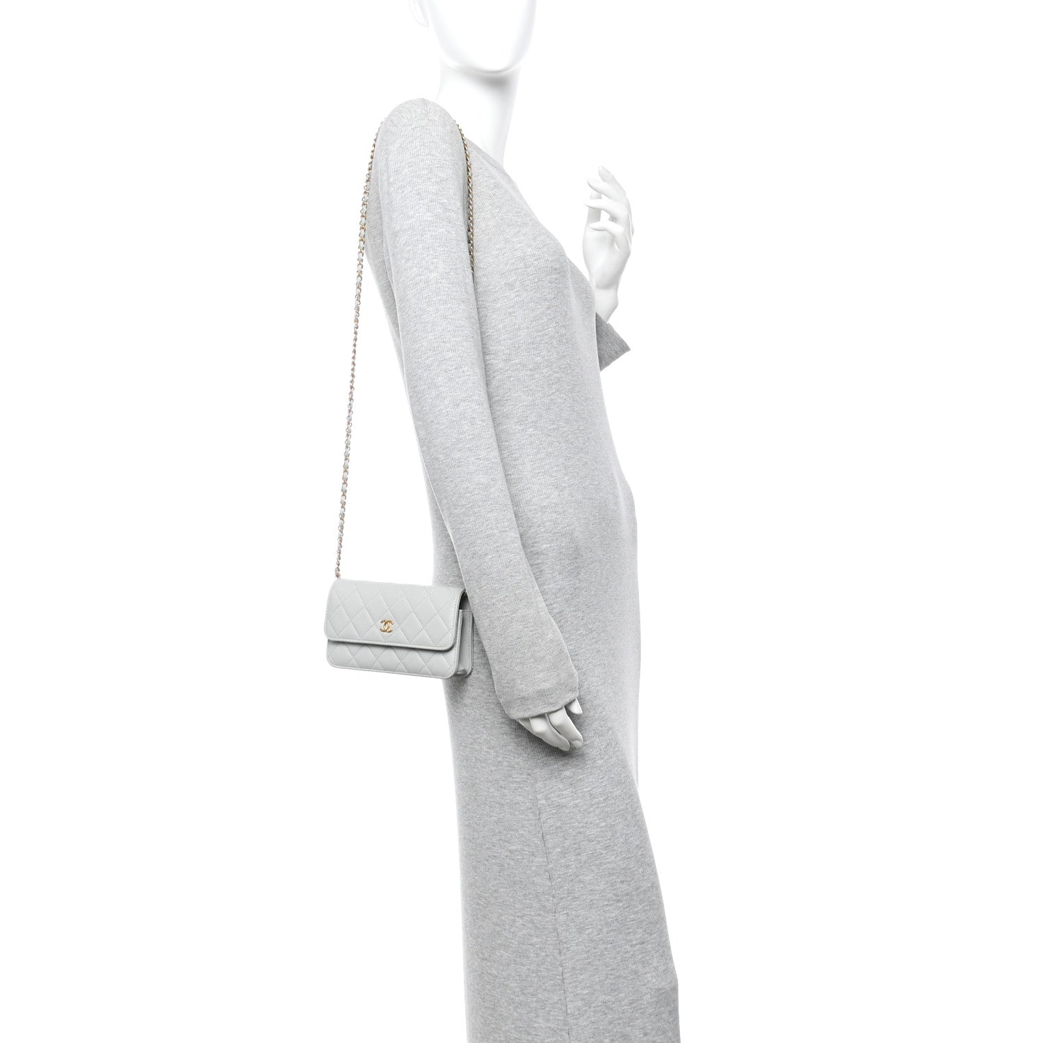 Lambskin Pearl Crush Quilted Flap Phone Holder With Chain Light Grey