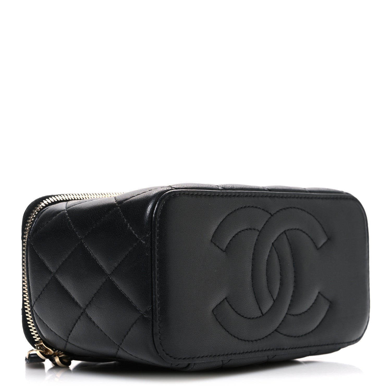 Lambskin Quilted Trendy Small Top Handle Vanity Case With Chain Black