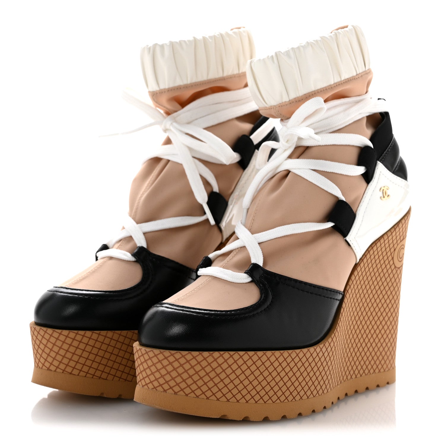 Fabric Lambskin Calfskin Runway Wedge Short Platform Boots 35.5 Black White Beige