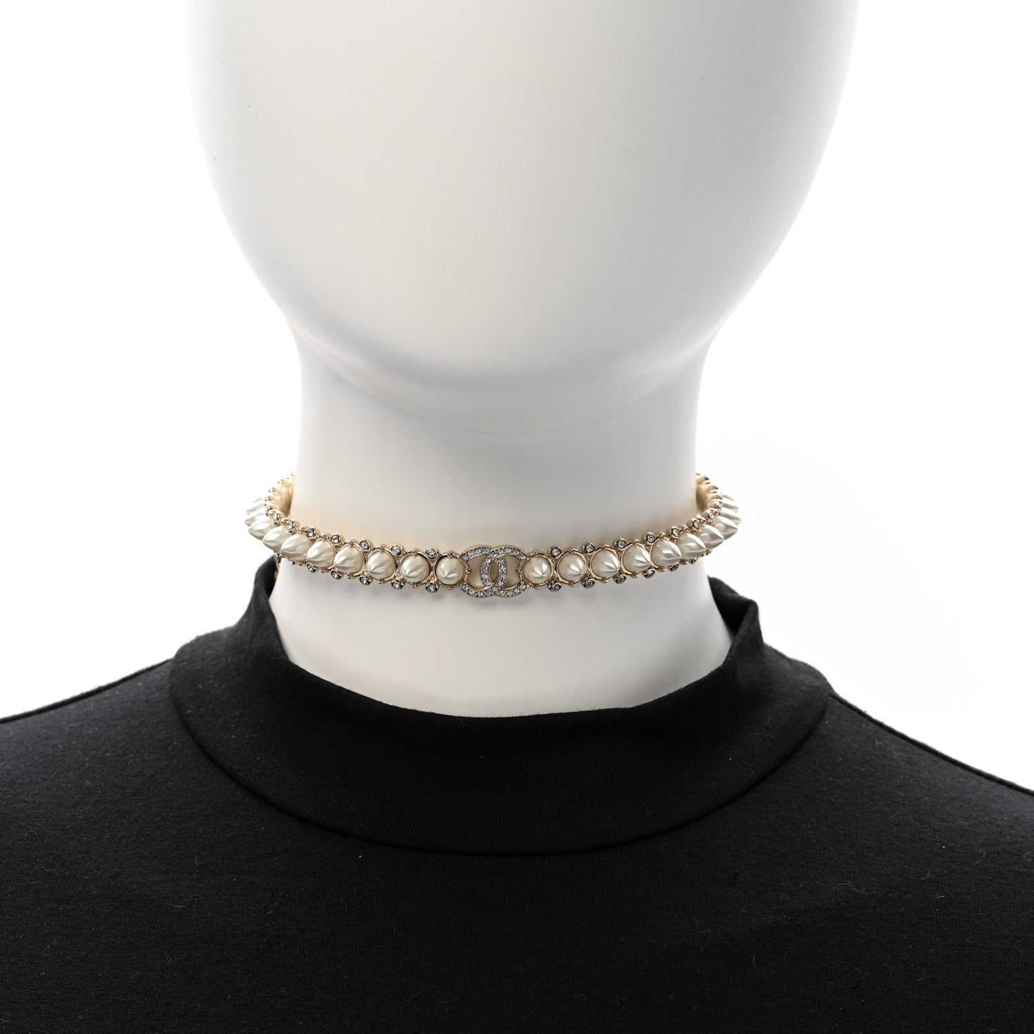Strass Crystal Studded Pearl CC Choker Necklace Gold Pearly White