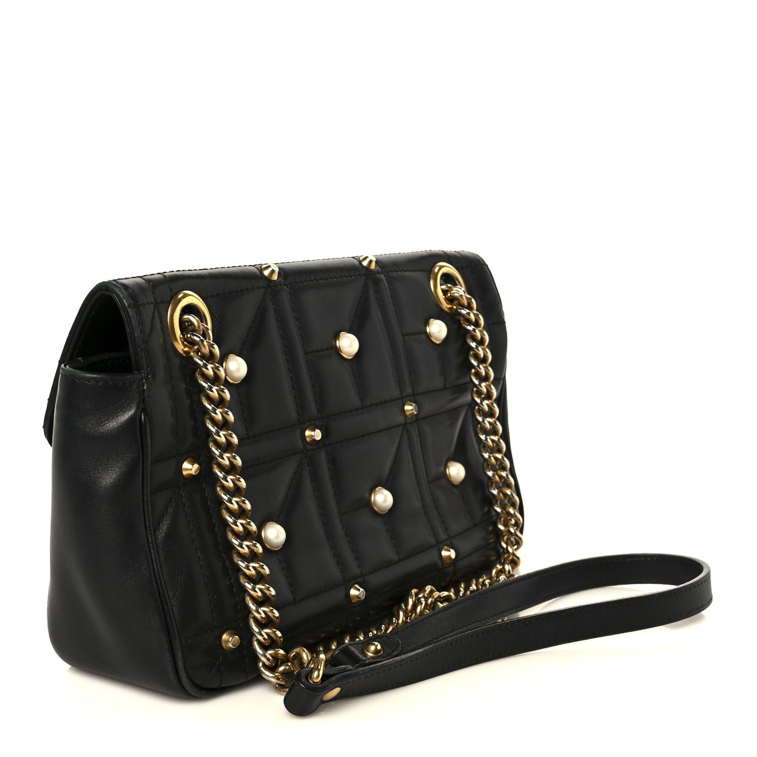 Calfskin Matelasse Studded Small Pearly GG Marmont Shoulder Bag Black