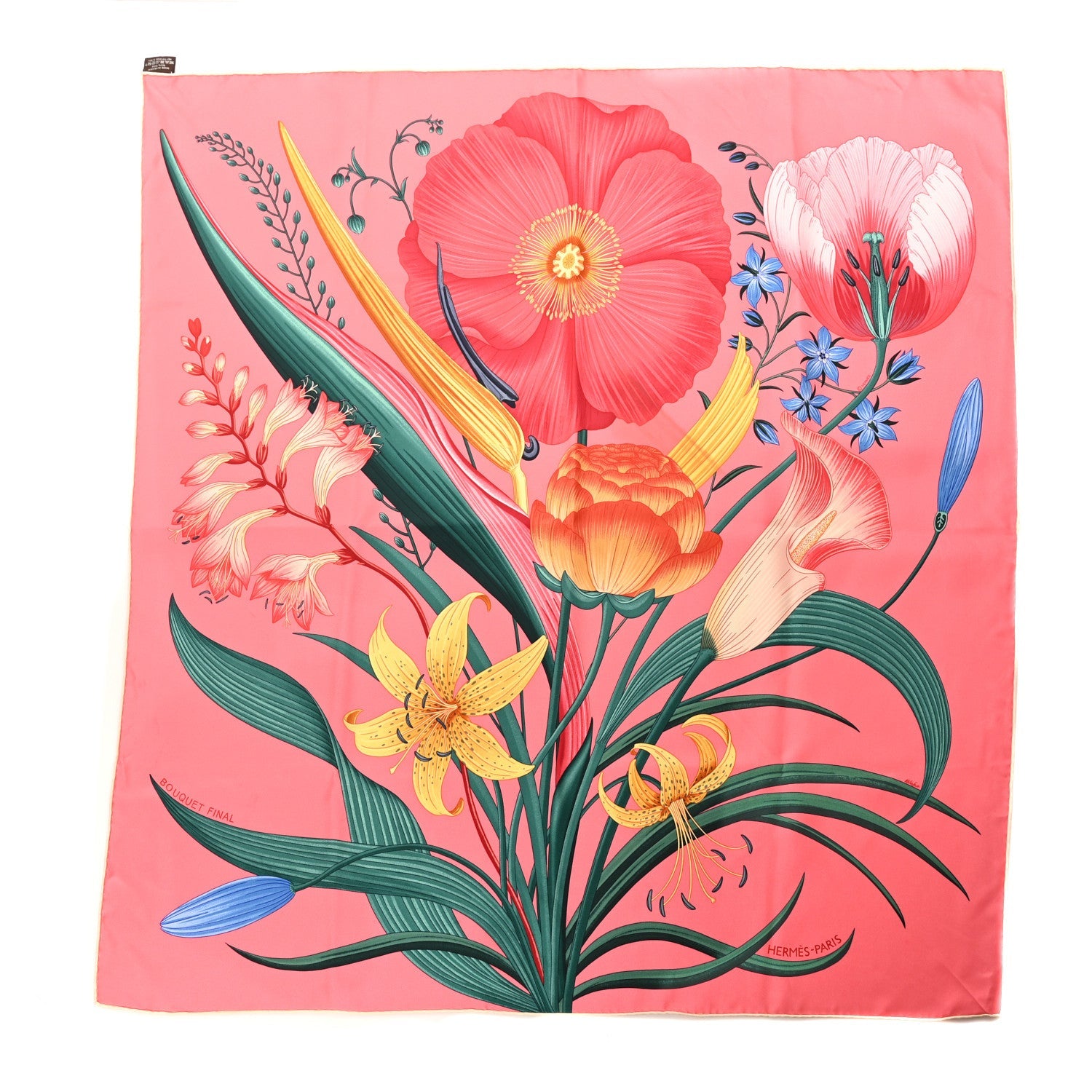 Silk Bouquet Final Scarf 90 Rose Vif Vert Cypres Jaune