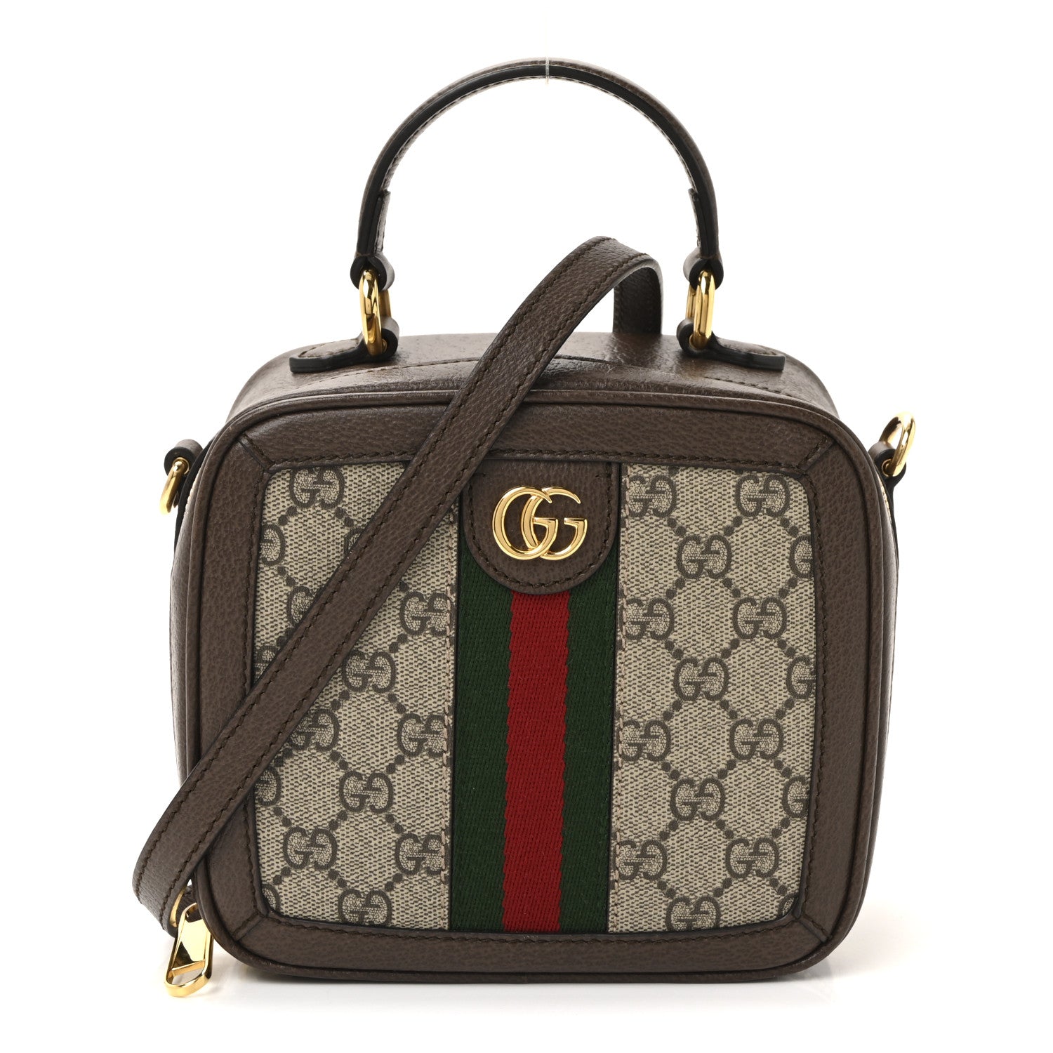GG Supreme Monogram Textured Dollar Calfskin Mini Ophidia Top Handle Square Shoulder Bag Beige Ebony New Acero