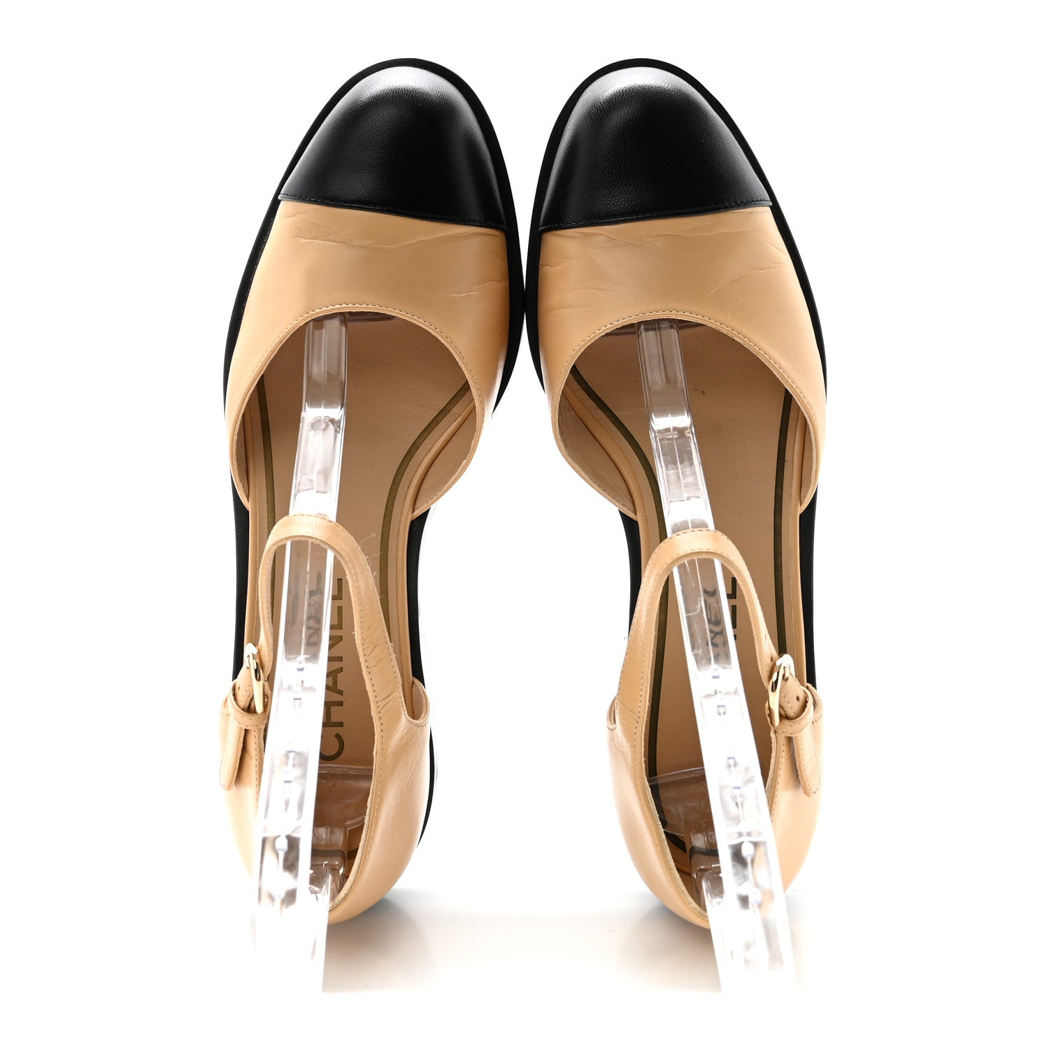 Shiny Goatskin Mary Jane Flats 38.5 Beige Black