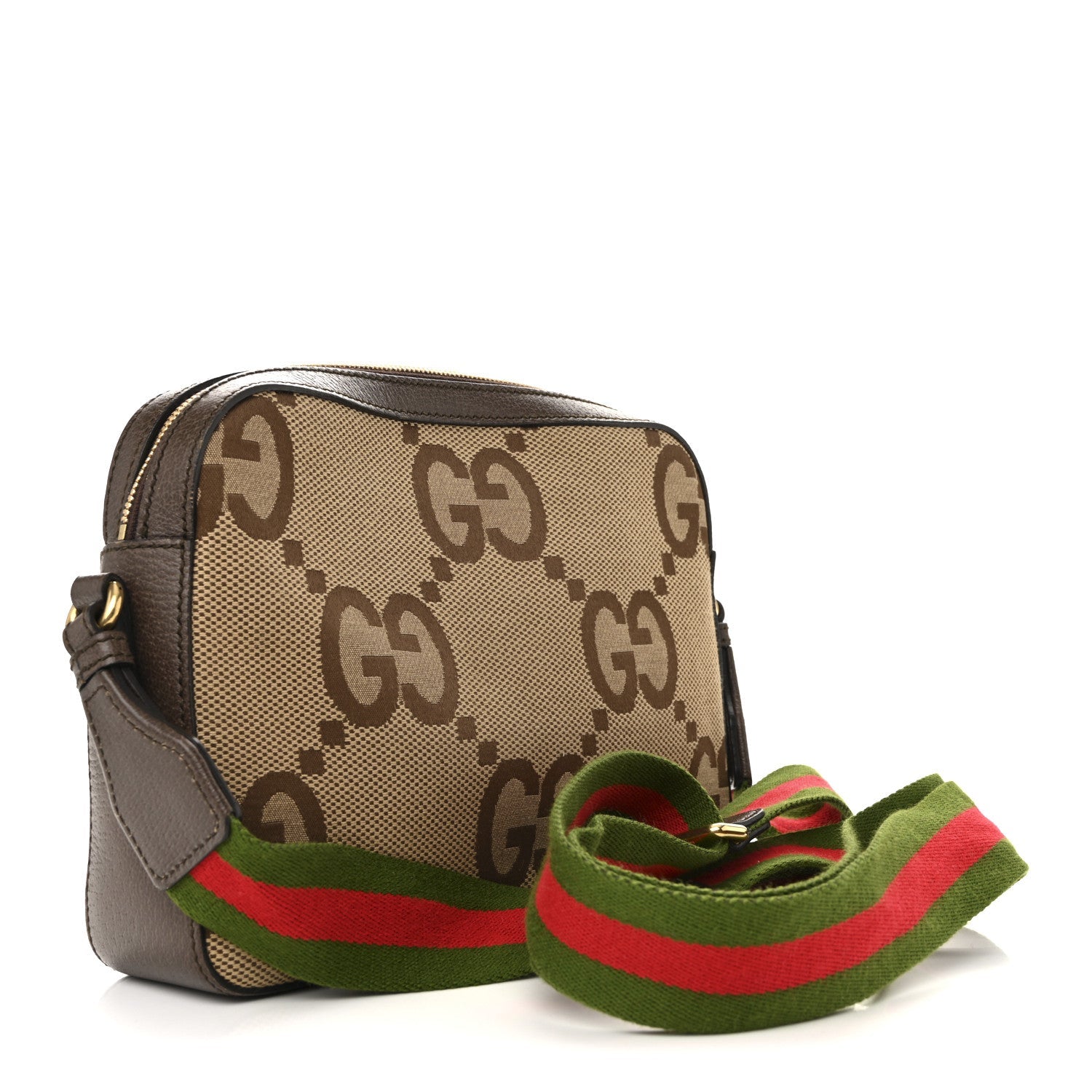 Monogram Jumbo GG Textured Dollar Calfskin Web Messenger Shoulder Bag Camel Ebony New Acero