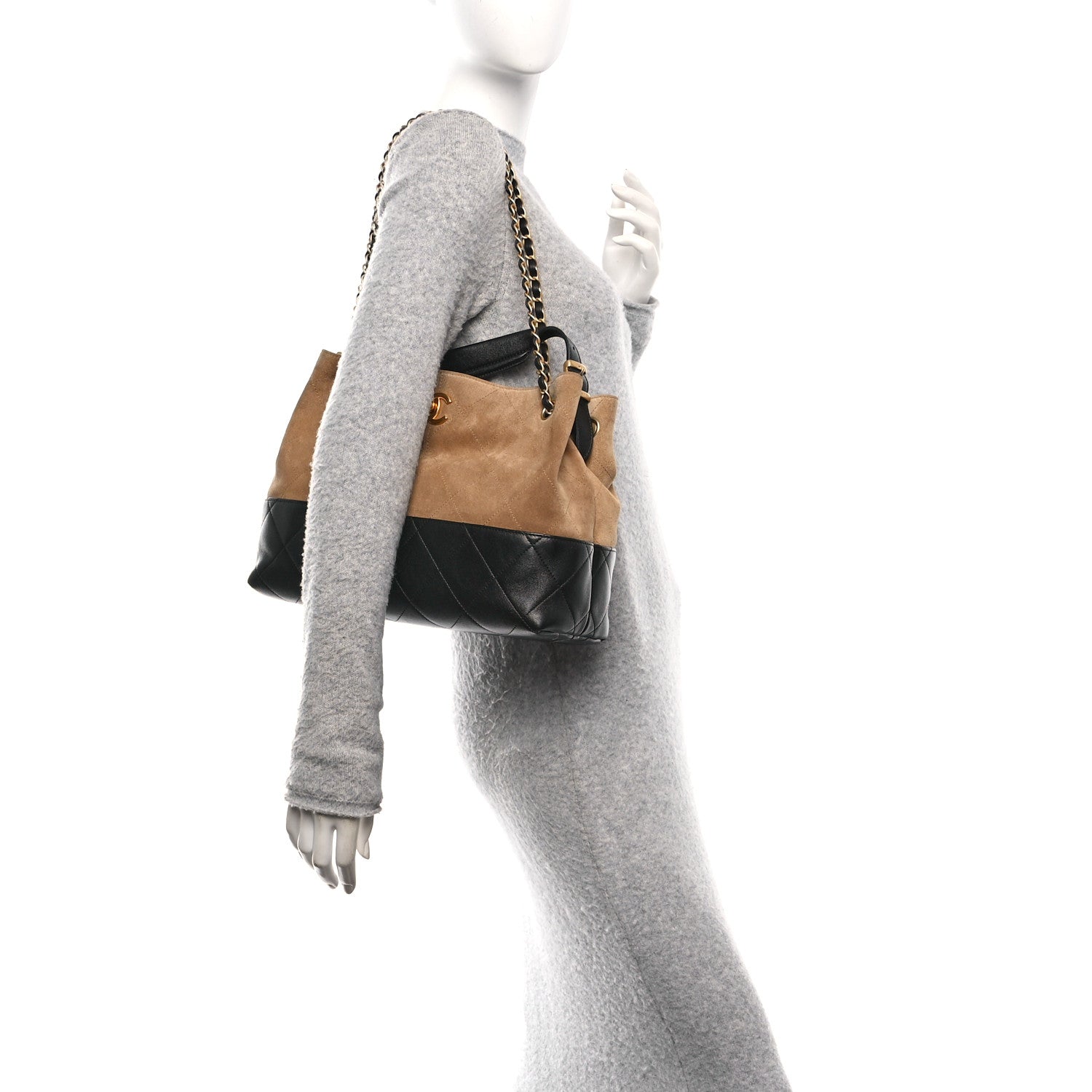 Suede Calfskin Shiny Lambskin Quilted Small Shopping Bag Beige Black