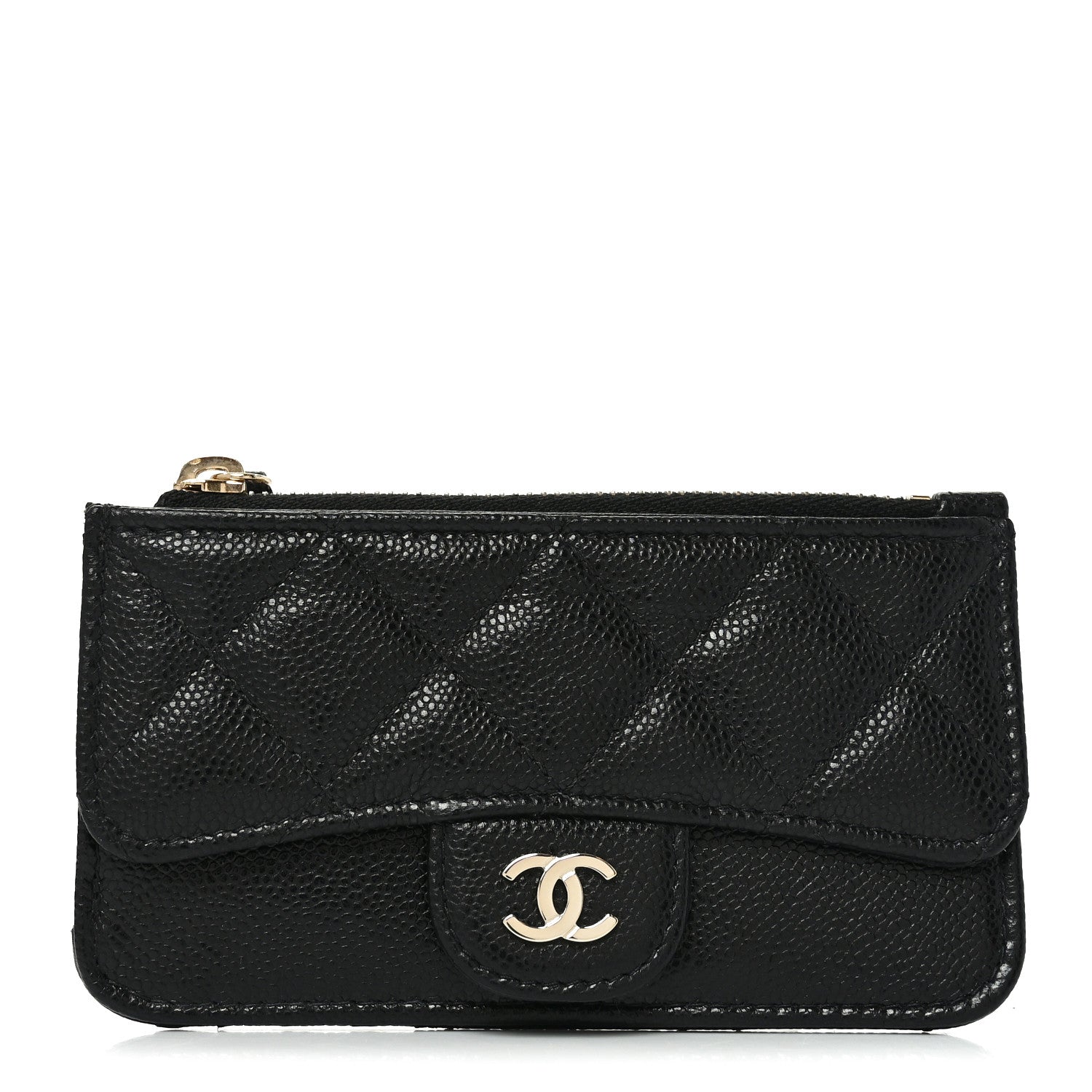 Caviar Quilted Flap Zip Card Holder Black