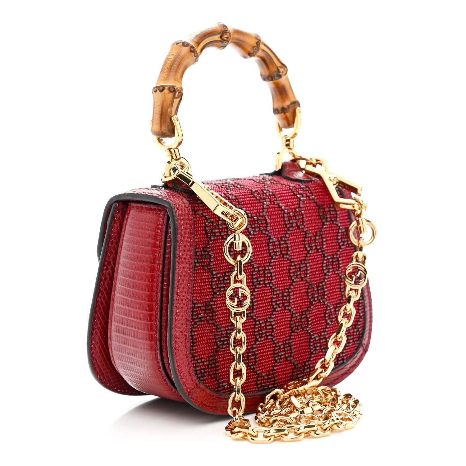 Moire Fabric Calfskin Rhinestone Monogram Monochrome Lizard Embossed Mini Bamboo 1947 Top Handle Chain Bag Red