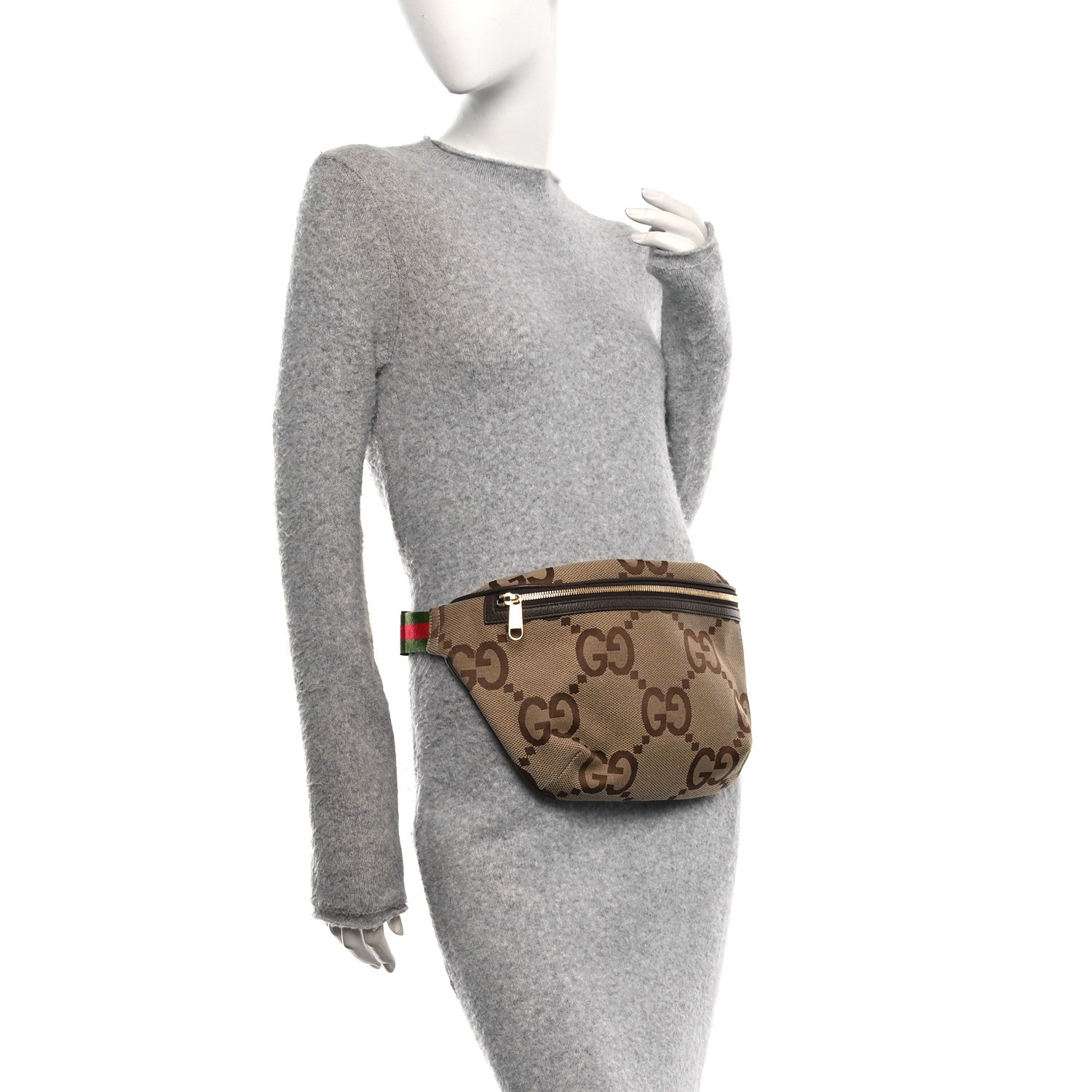 Monogram Jumbo GG Textured Dollar Calfskin Web Belt Bag Camel Ebony New Acero
