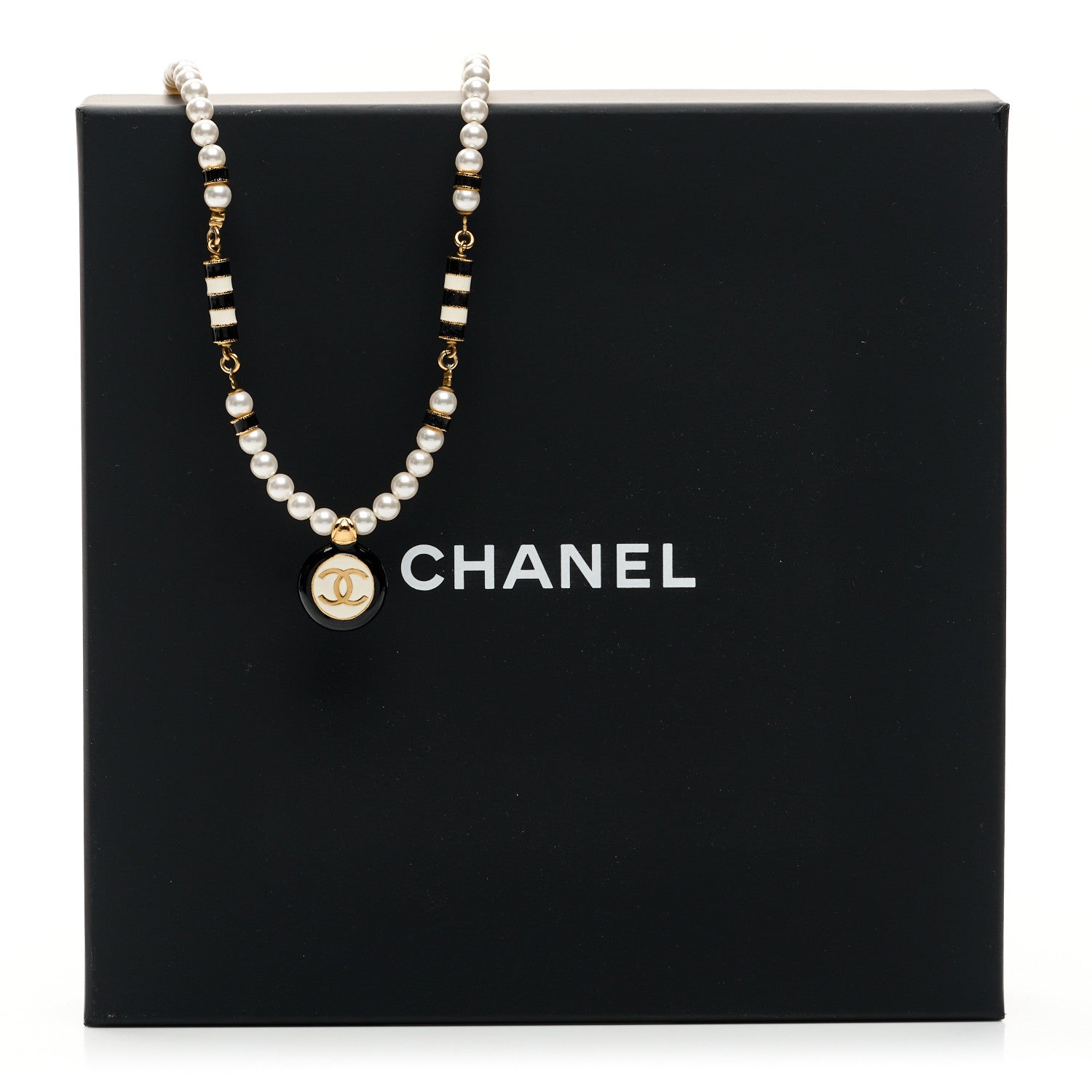 Pearl Enamel CC Short Necklace White Gold Black