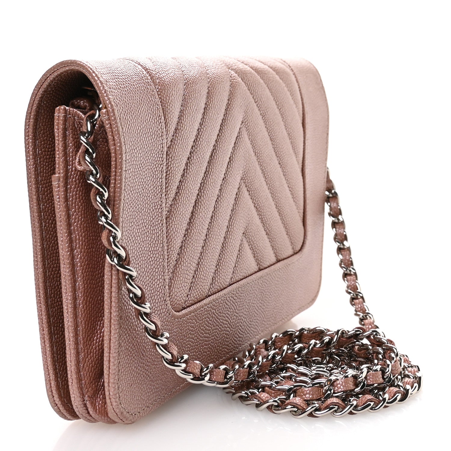 Metallic Caviar Chevron Quilted Vintage Mademoiselle Wallet On Chain WOC Pink