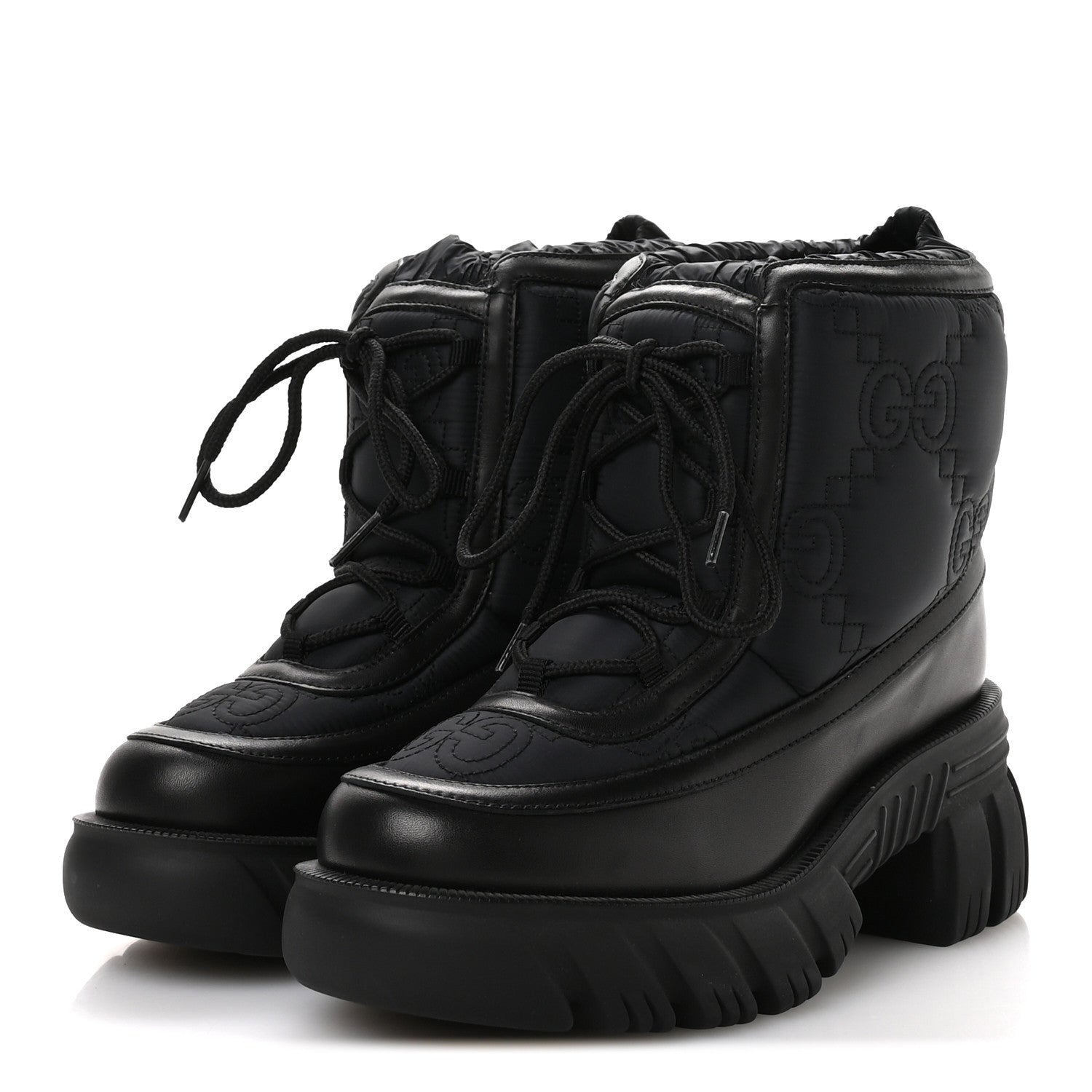 Nylon Calfskin GG Matelasse Lace Up Platform Ankle Boots 37 Black