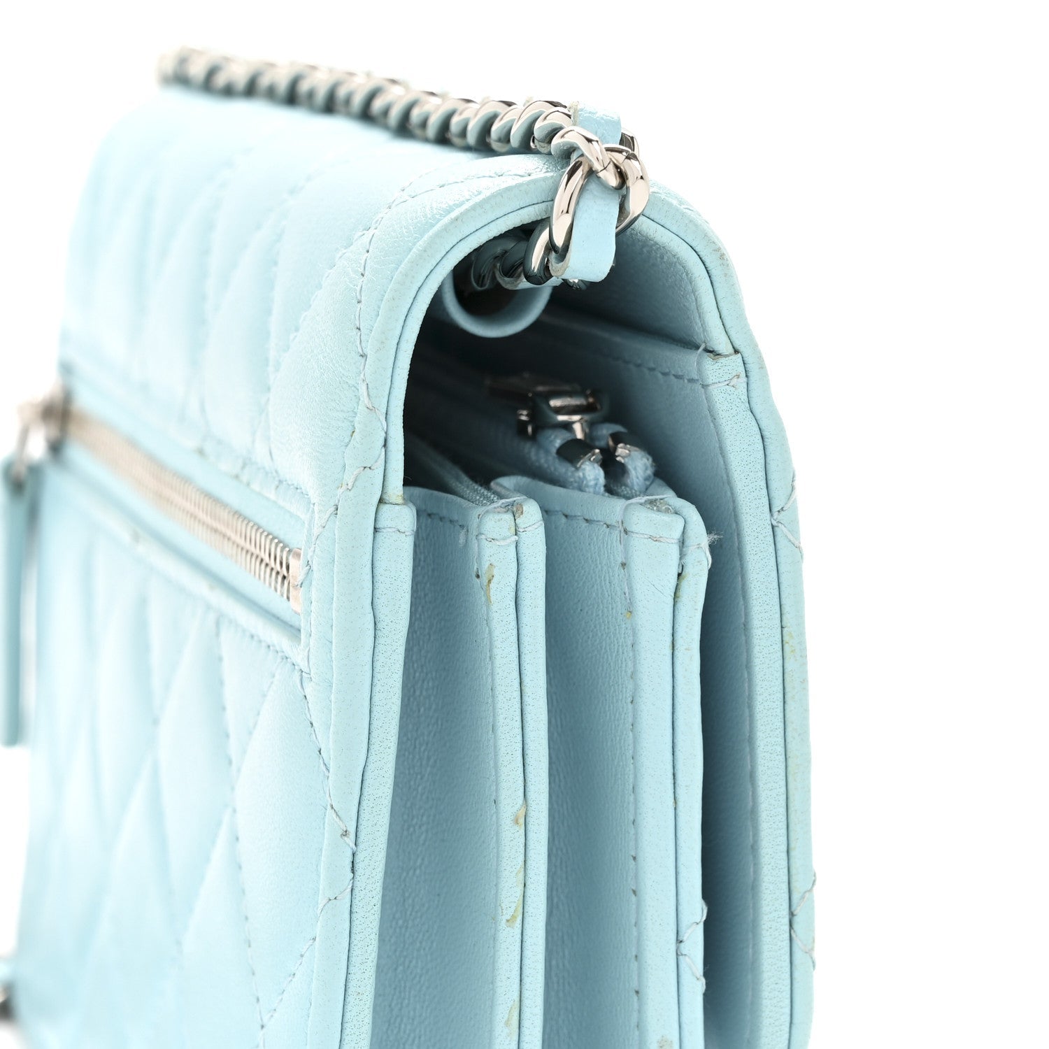 Lambskin Quilted Mini Wallet On Chain WOC Neon Blue