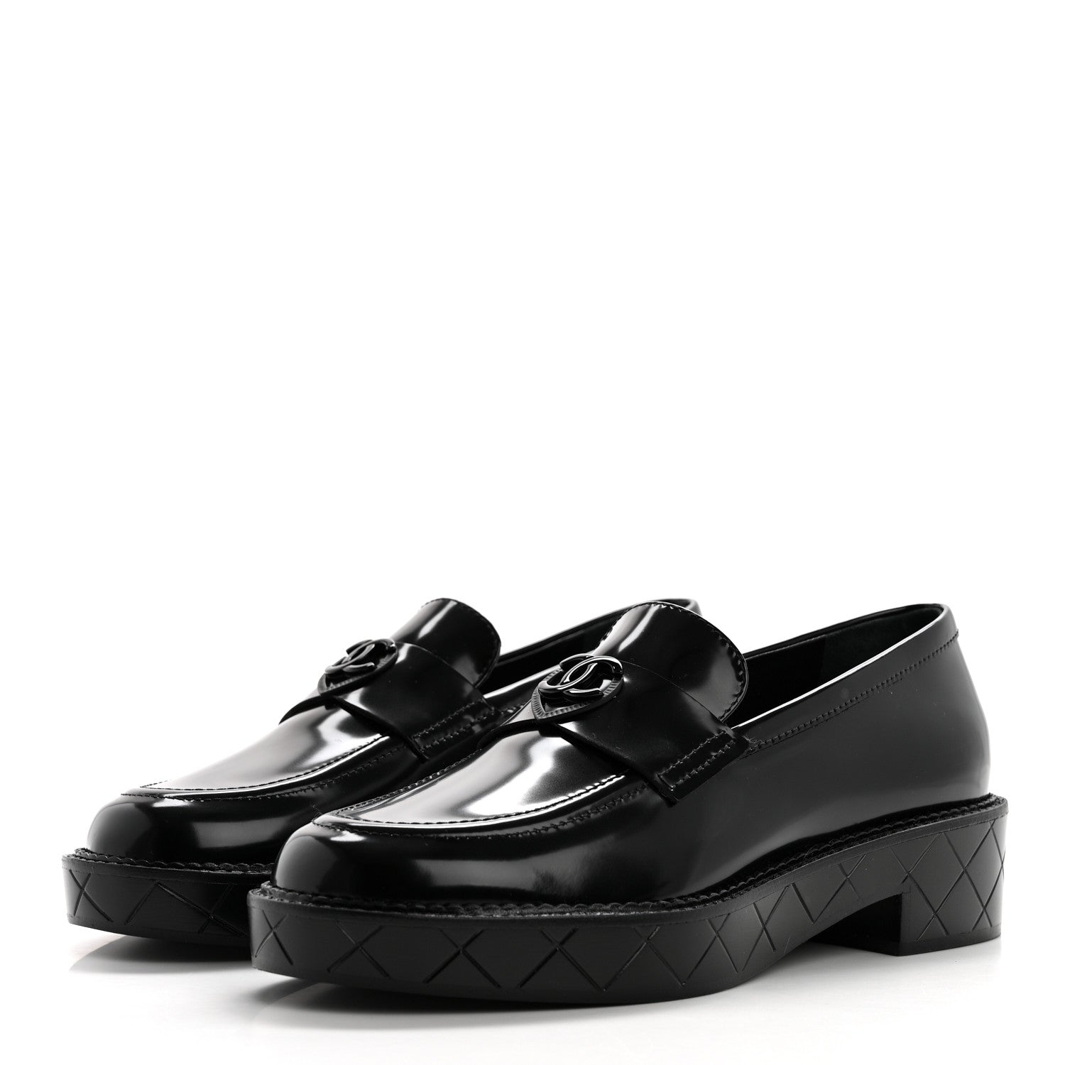 Shiny Calfskin Quilted CC Mocassin Loafers 38 Black