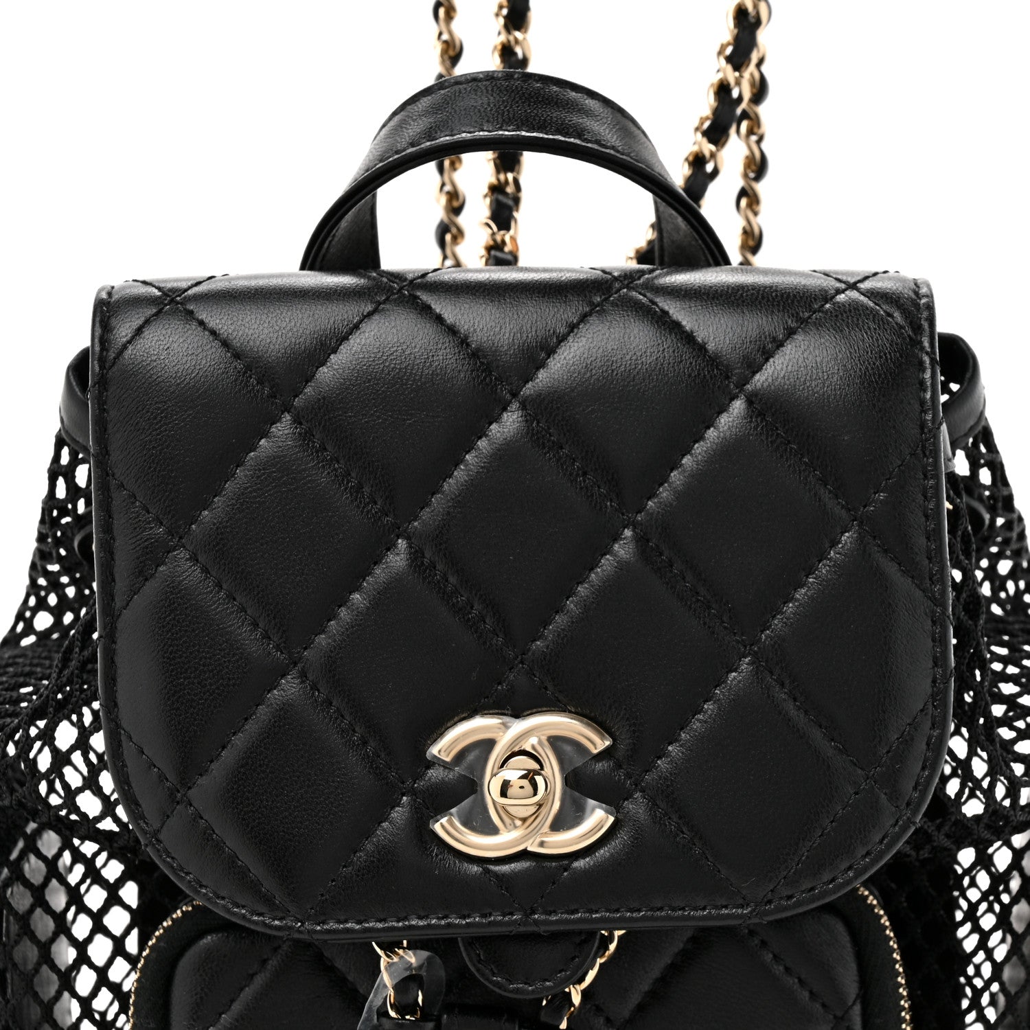 Shiny Lambskin Mesh Quilted Small Cargo Duma Drawstring Backpack Black