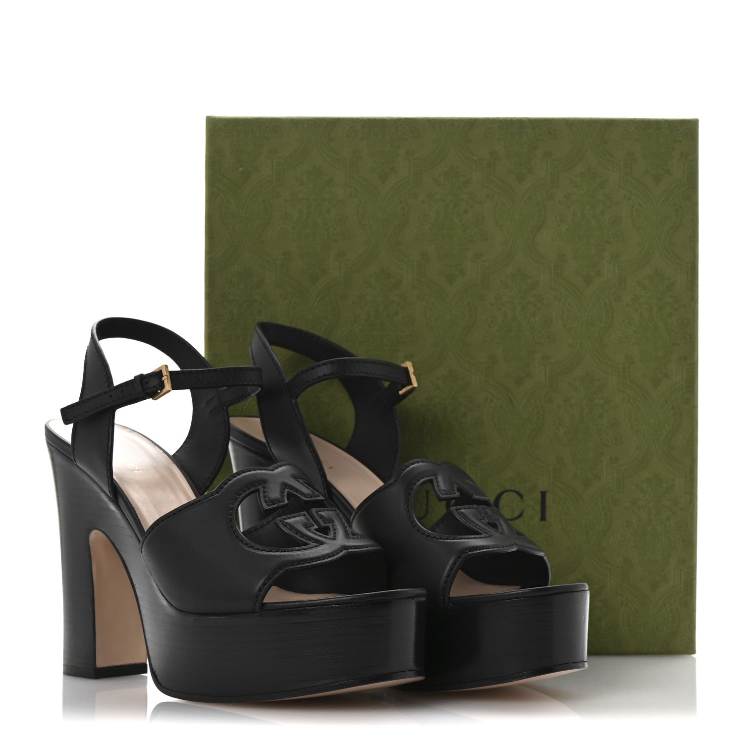 Cosmos Softy Calfskin Wooden Interlocking G Cut-Out 30/120mm Platform Sandals 40.5 Black