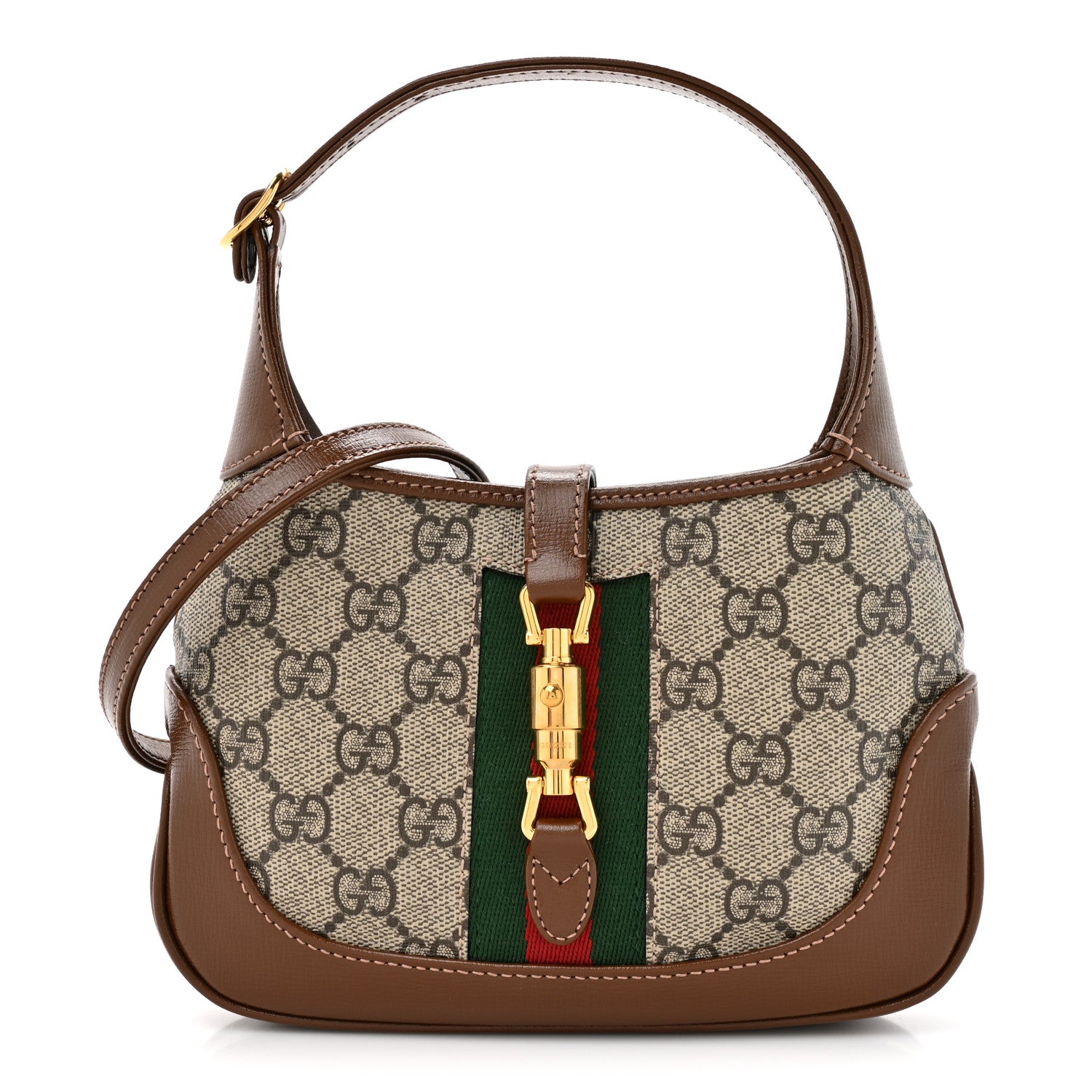 GG Supreme Monogram Azalea Calfskin Web Mini Jackie 1961 Hobo Beige Ebony Brown Sugar
