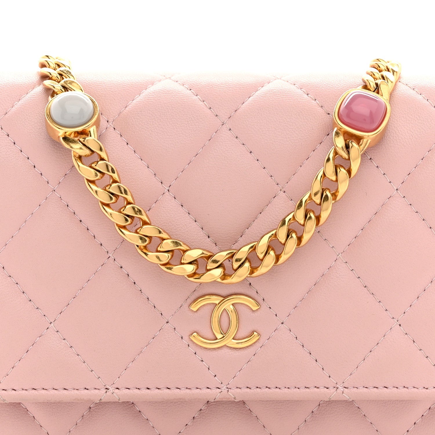 Lambskin Quilted CC Pearl Enamel Clutch on Chain WOC Light Pink
