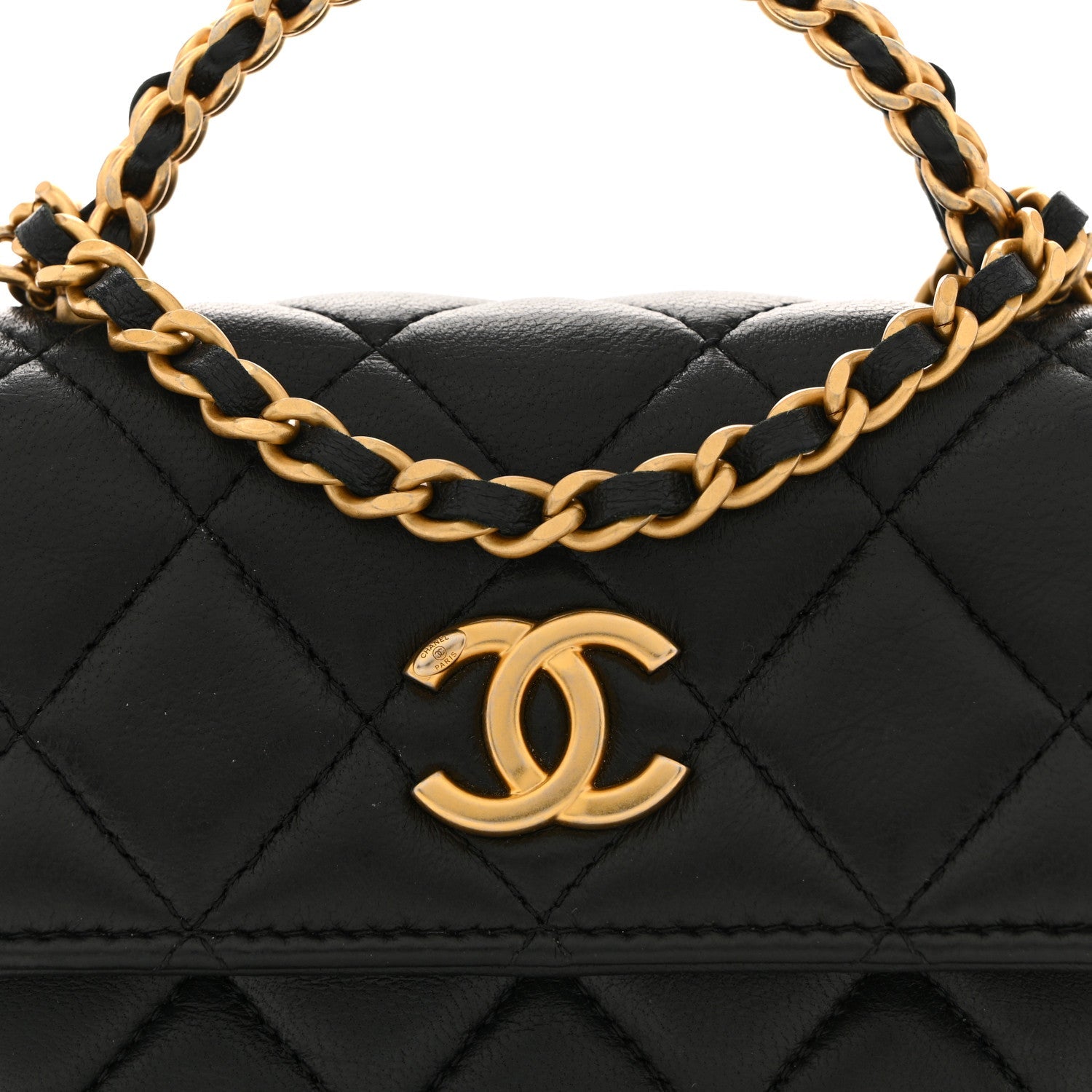 Lambskin Quilted Chain Top Handle Clutch With Chain Black