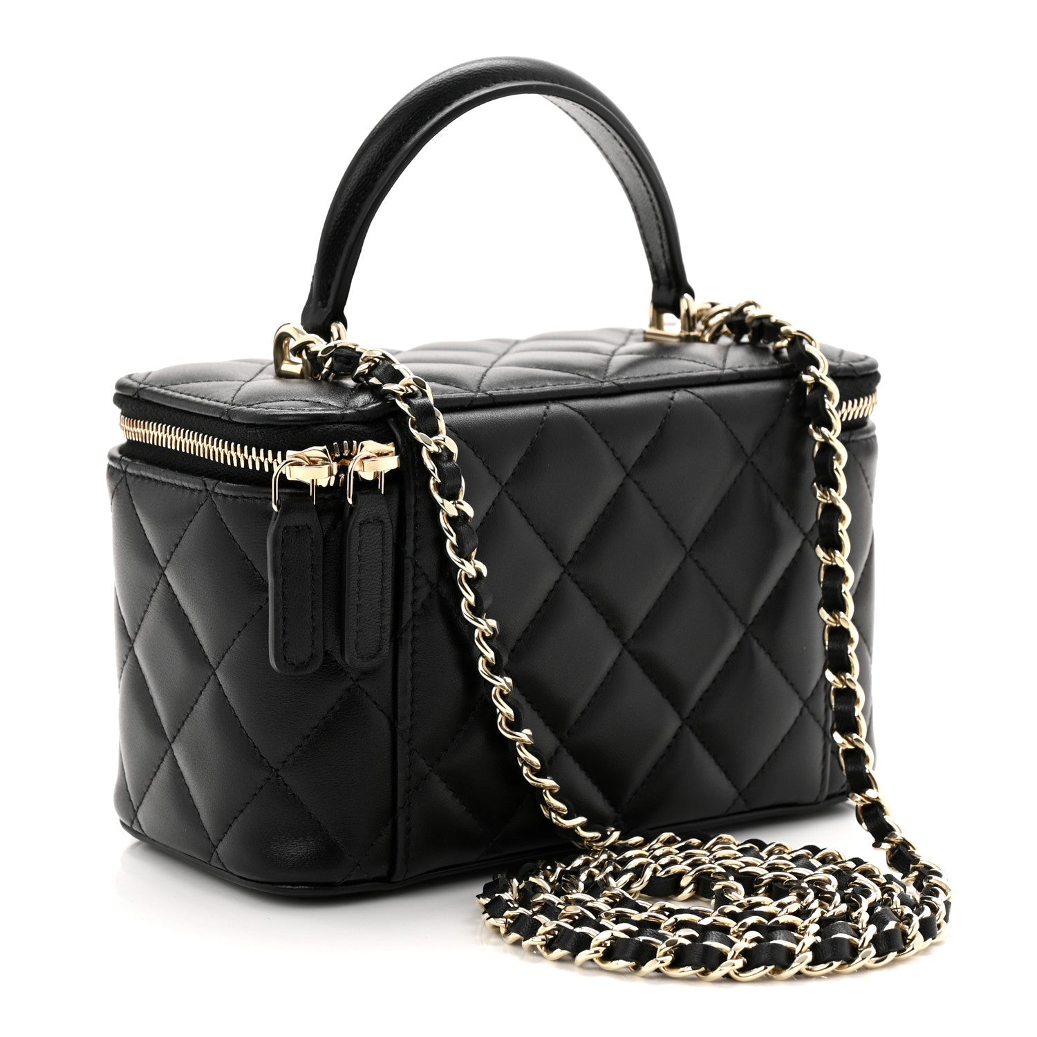 Lambskin Quilted Small Top Handle Vanity Case With Chain Black