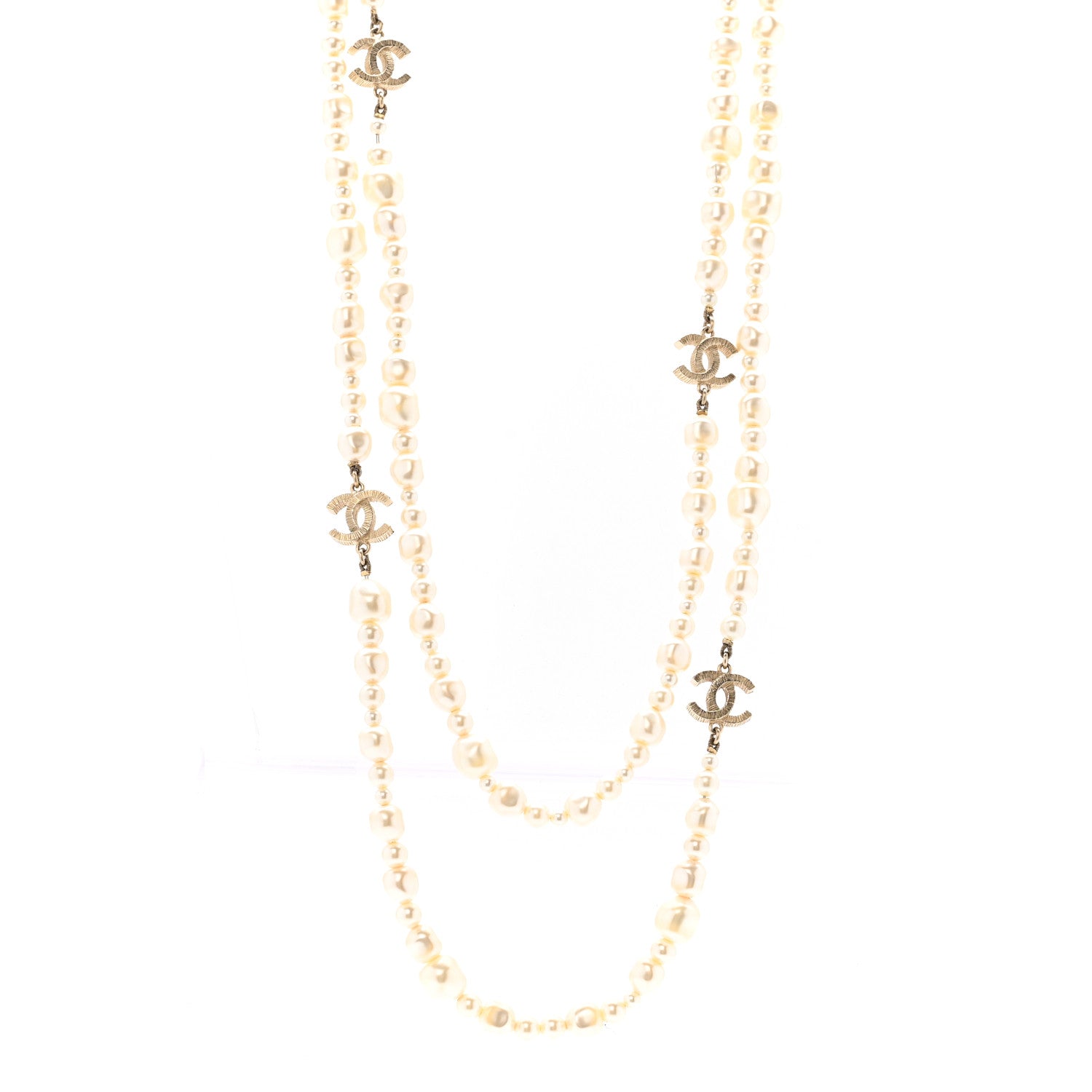 Irregular Pearl CC Long Necklace Light Gold