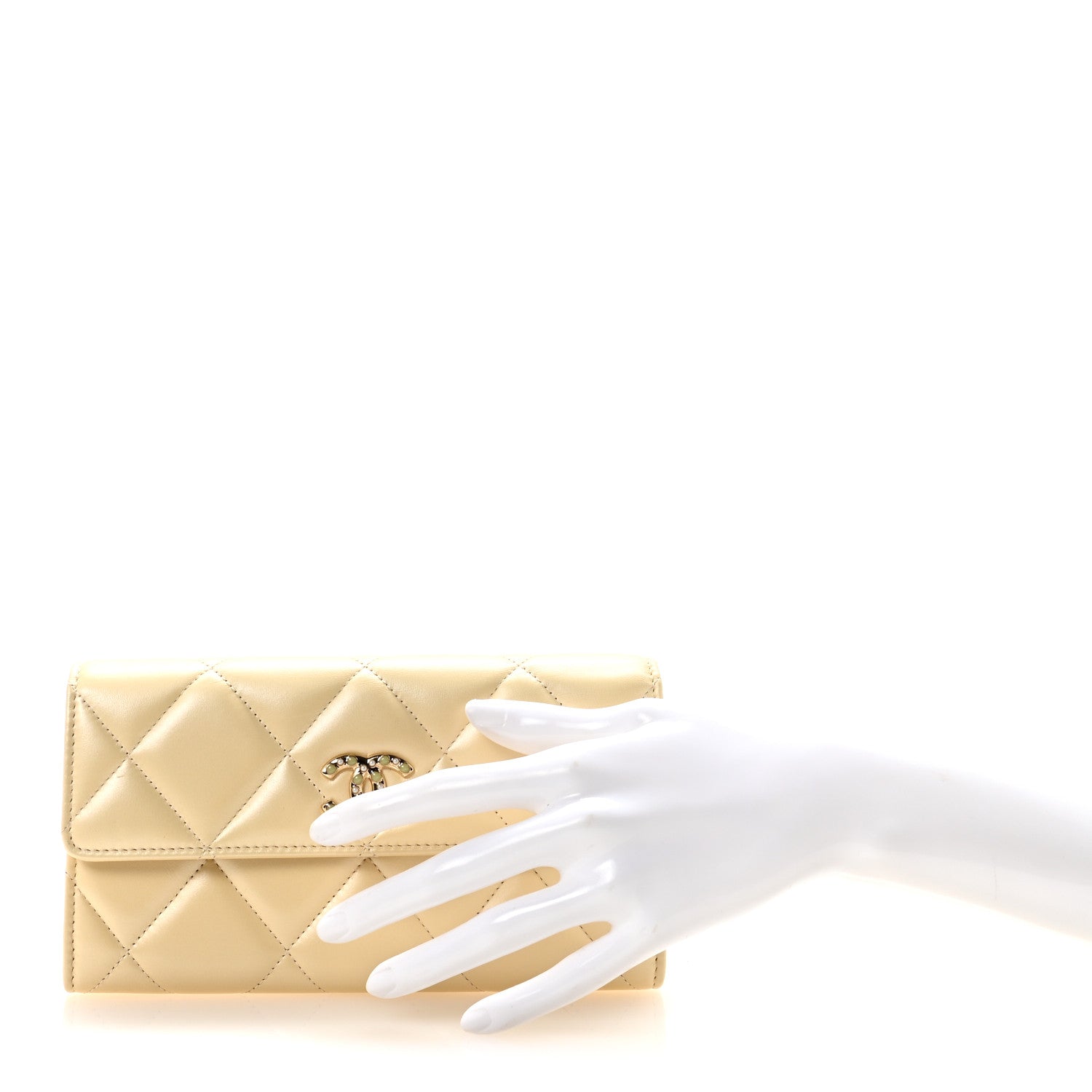 Iridescent Lambskin Quilted CC Flap Wallet Beige