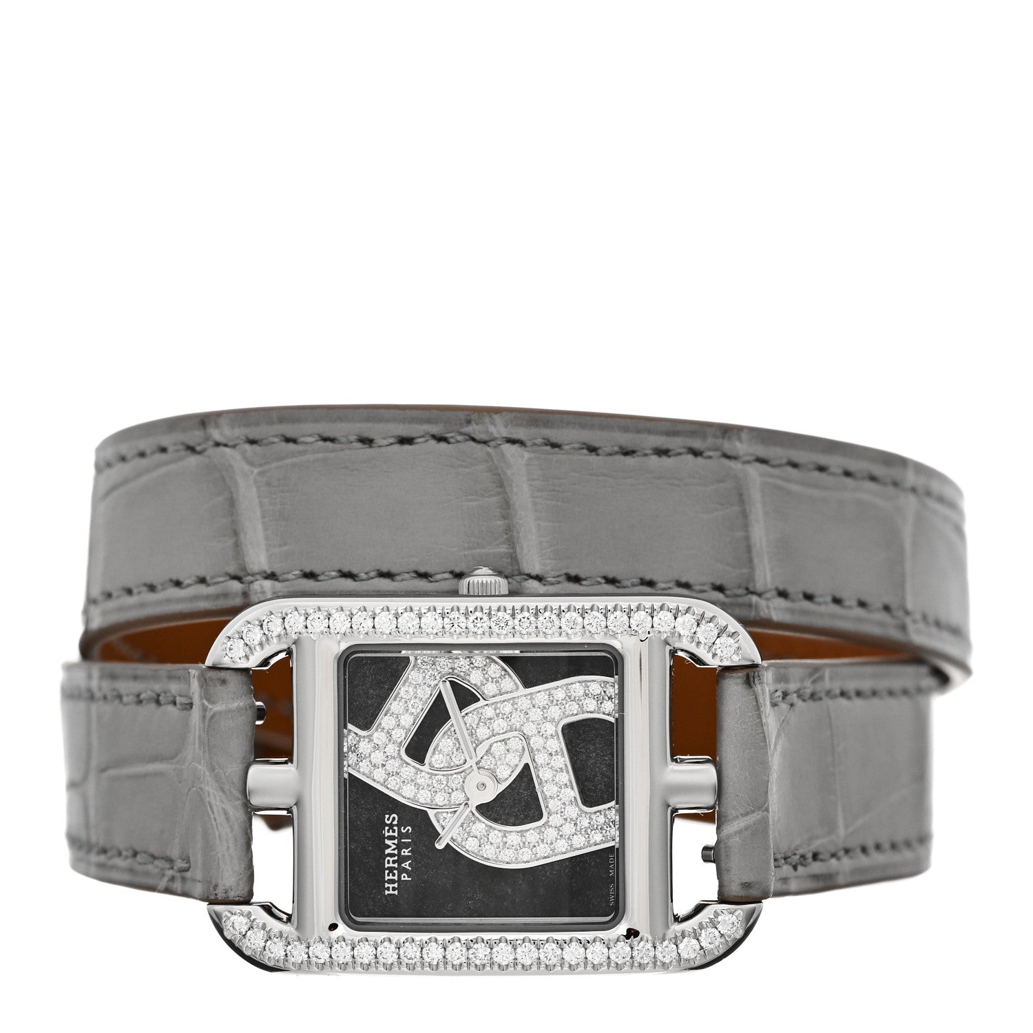 Stainless Steel Alligator Diamond Bezel 23mm Cape Cod Double Tour Chaine d'Ancre Joaillier Quartz Watch Gris Perle