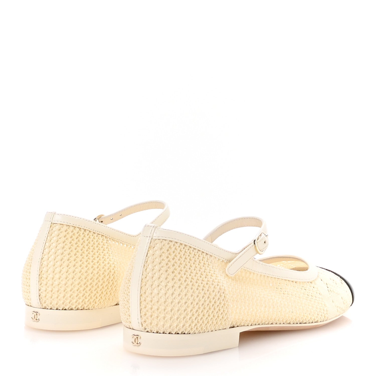 Crochet Lambskin Cap Toe Mary Jane Flats 39 Natural Beige Black