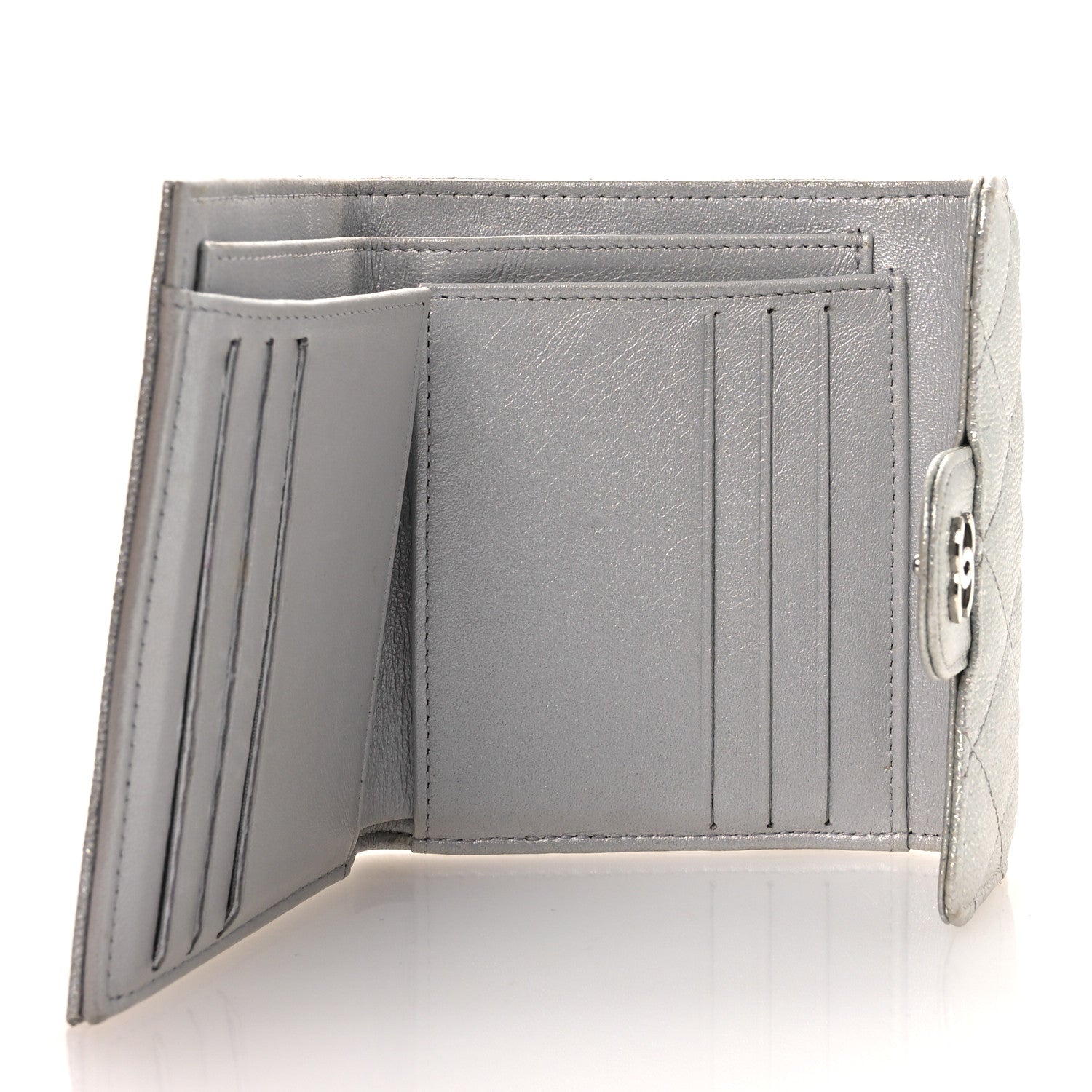Metallic Caviar Quilted Compact Flap Wallet Silver