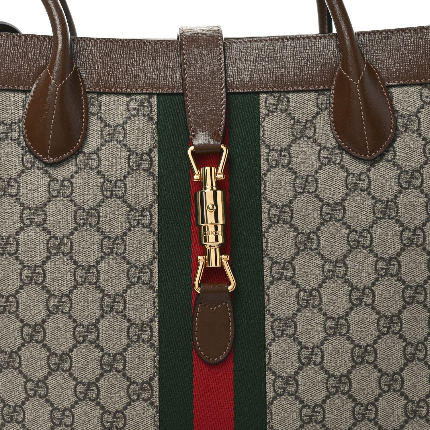 GG Supreme Monogram Azalea Calfskin Web Large Jackie 1961 Tote Beige Ebony Brown Sugar