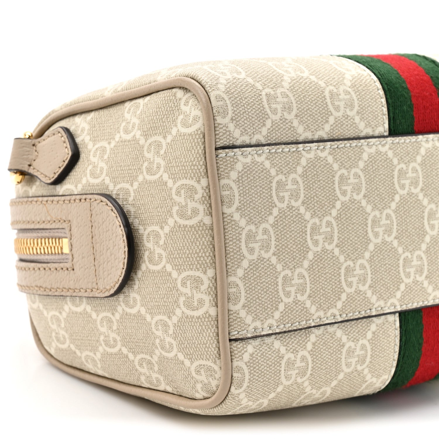 GG Supreme Monogram Textured Dollar Calfskin Web Ophidia Mini Top Handle Bag Beige Mystic White Oatmeal