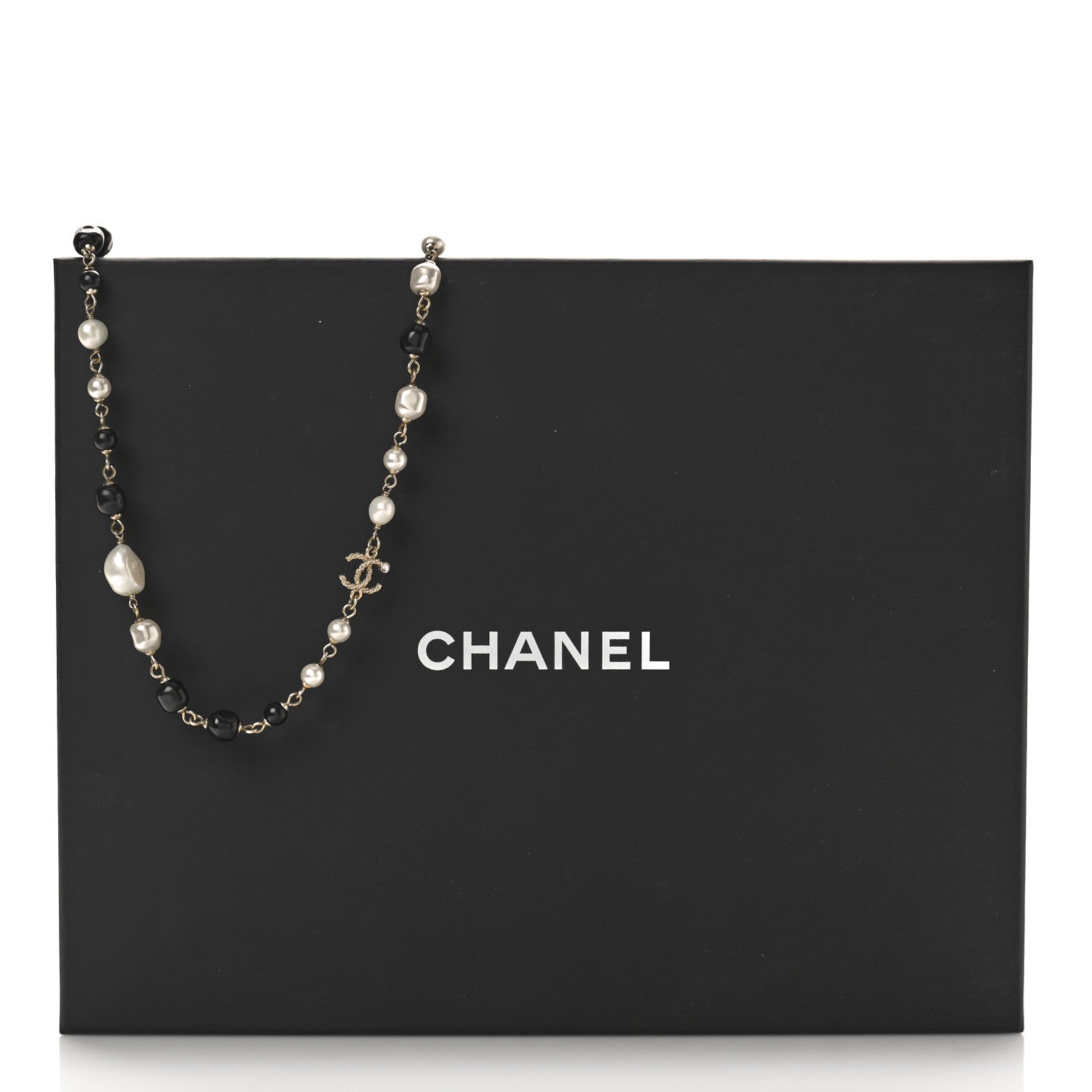 Pearl Beaded Crystal CC Long Necklace Gold Black White