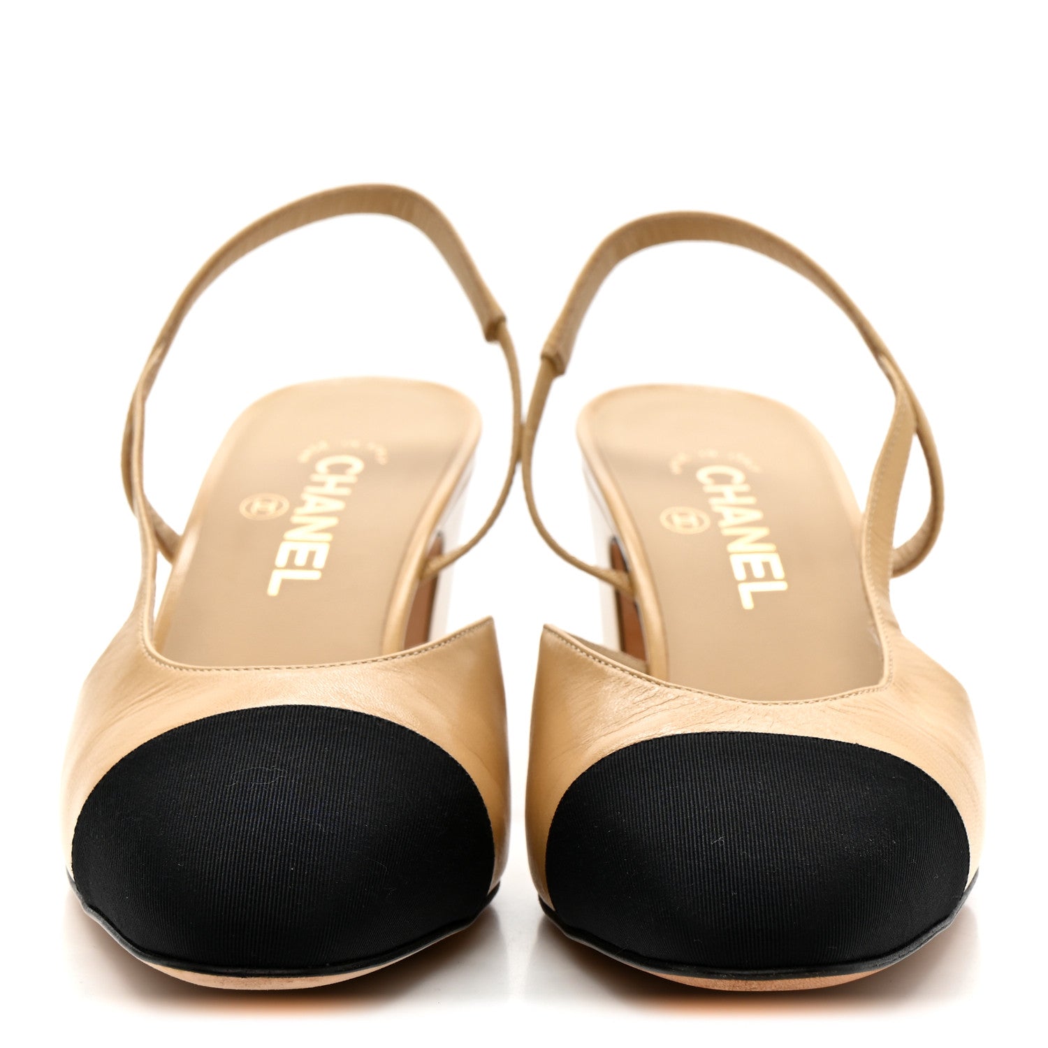 Goatskin Grosgrain Cap Toe CC Slingback Pumps 41 Beige Black