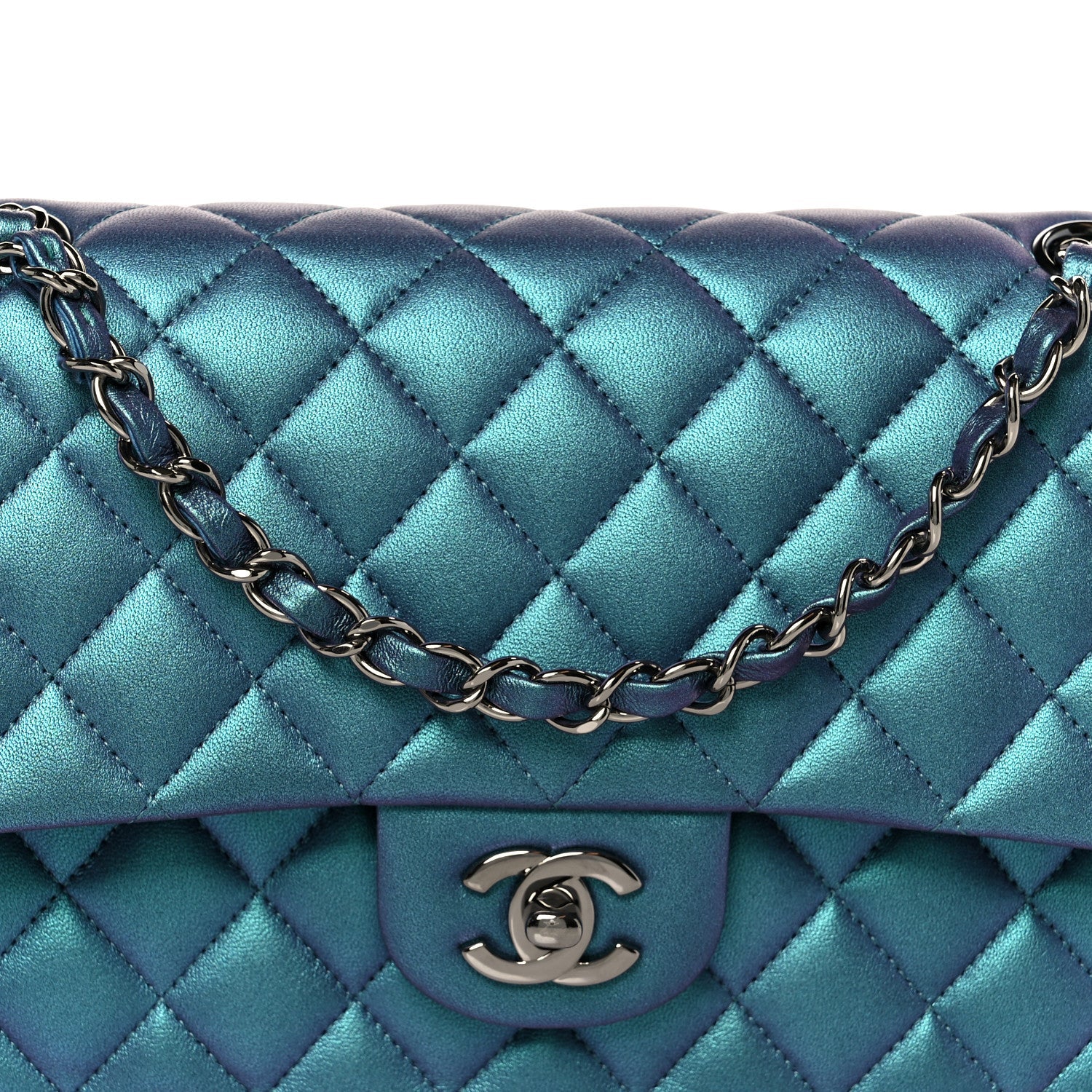Metallic Lambskin Quilted Medium Double Flap Turquoise