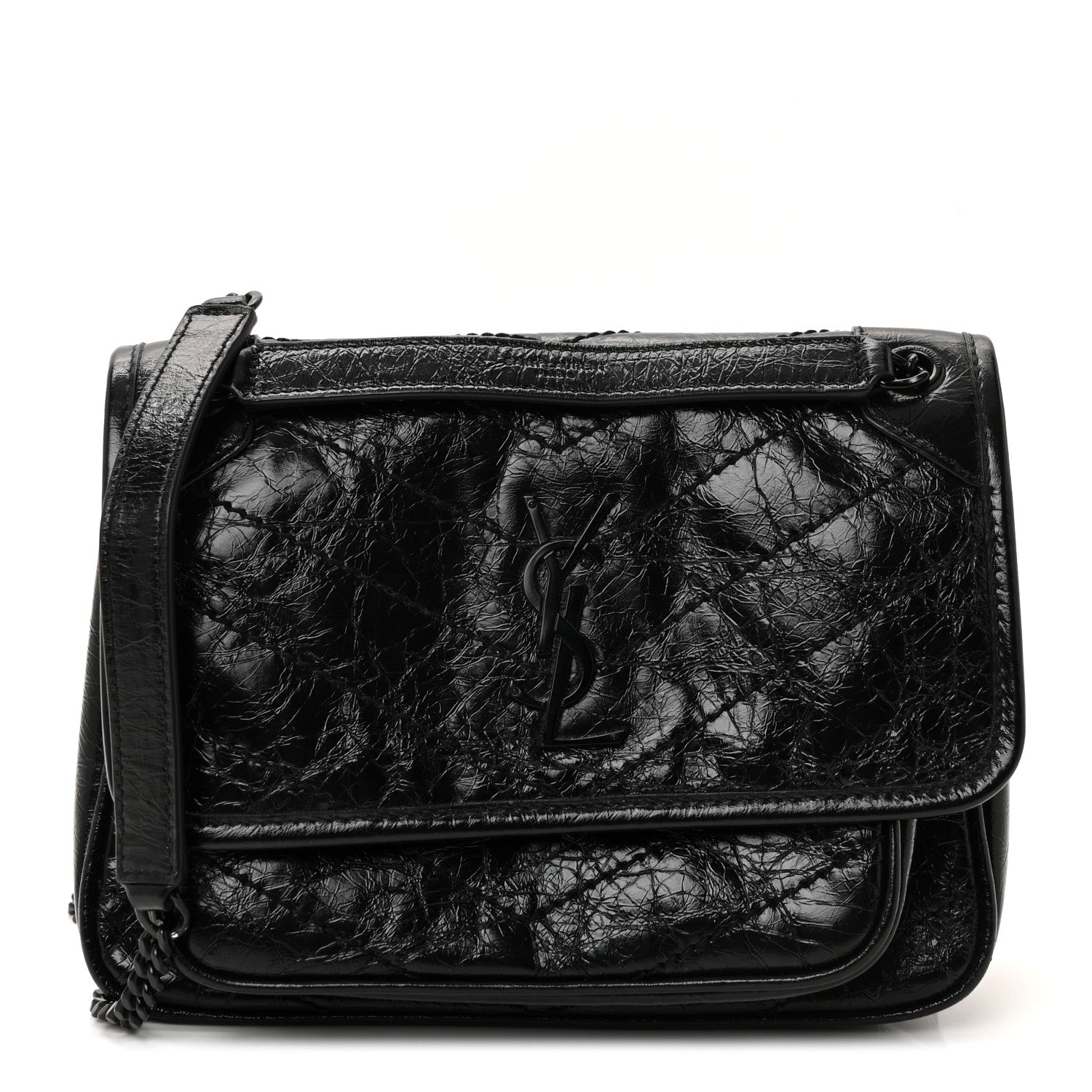 Crinkled Calfskin Matelasse Monogram Baby Niki Chain Satchel Black