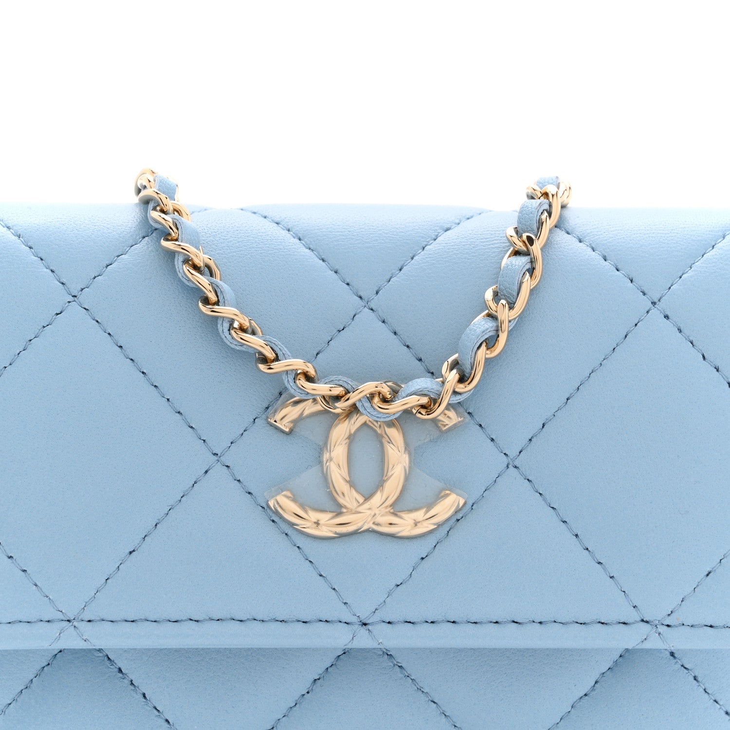 Lambskin Quilted Chain Around Coin Purse With Chain Light Blue