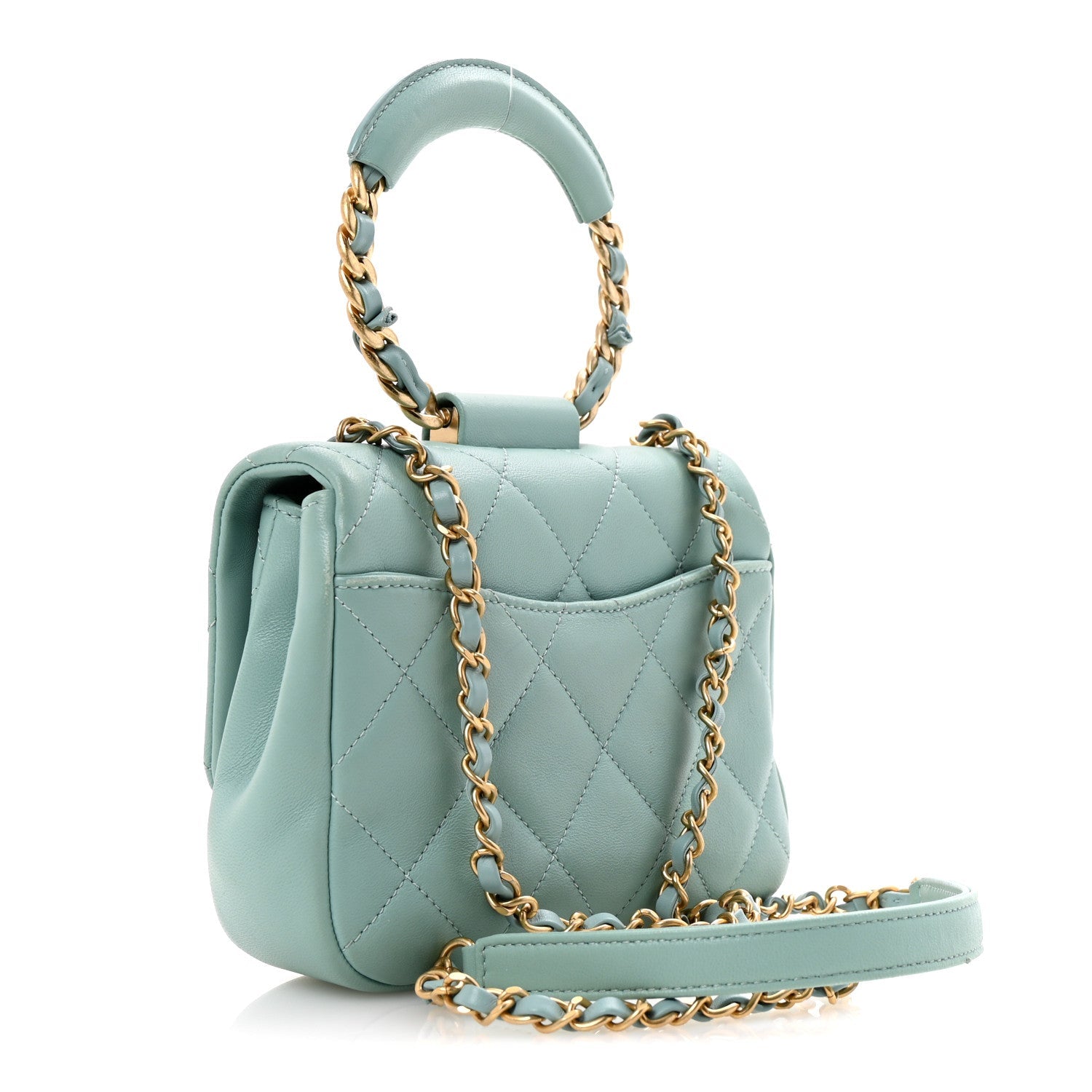 Lambskin Quilted Small Circular Handle Bag Blue