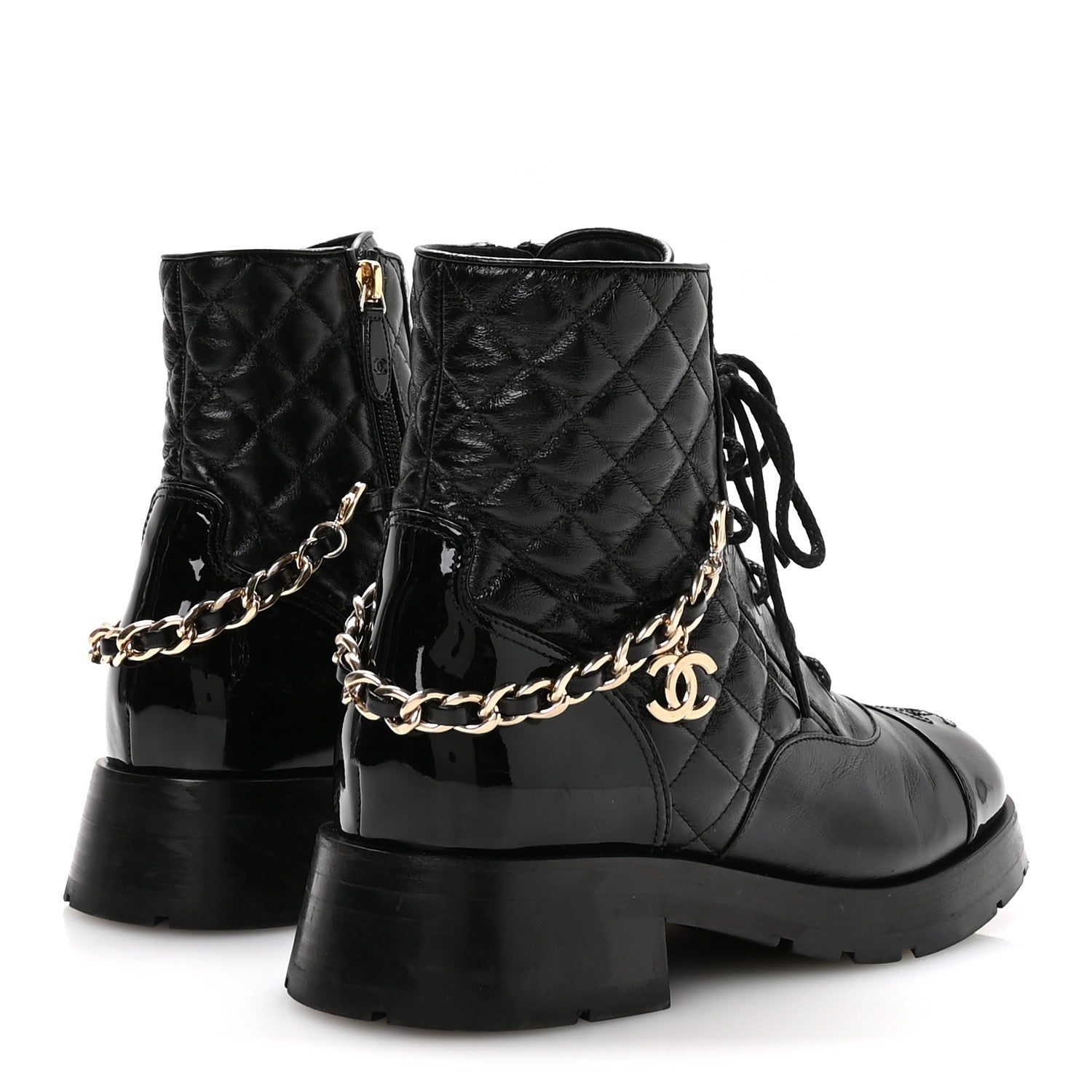 Shiny Calfskin Patent Quilted Chain Lace Up Combat Boots 40 Black