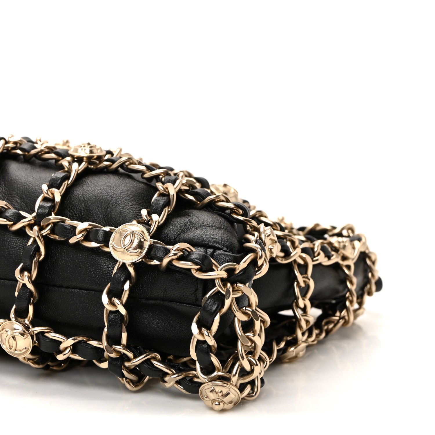 Lambskin Chain Frame Medallion Shoulder Bag Black