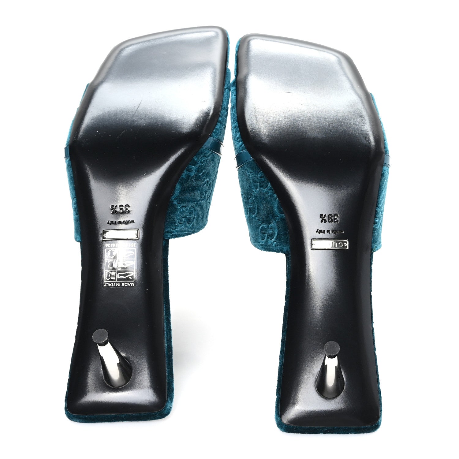 New Velvet Ashmir Regent Calfskin GG Monogram Square Toe Bow 45mm Slide Sandals Peacock Blue 39.5
