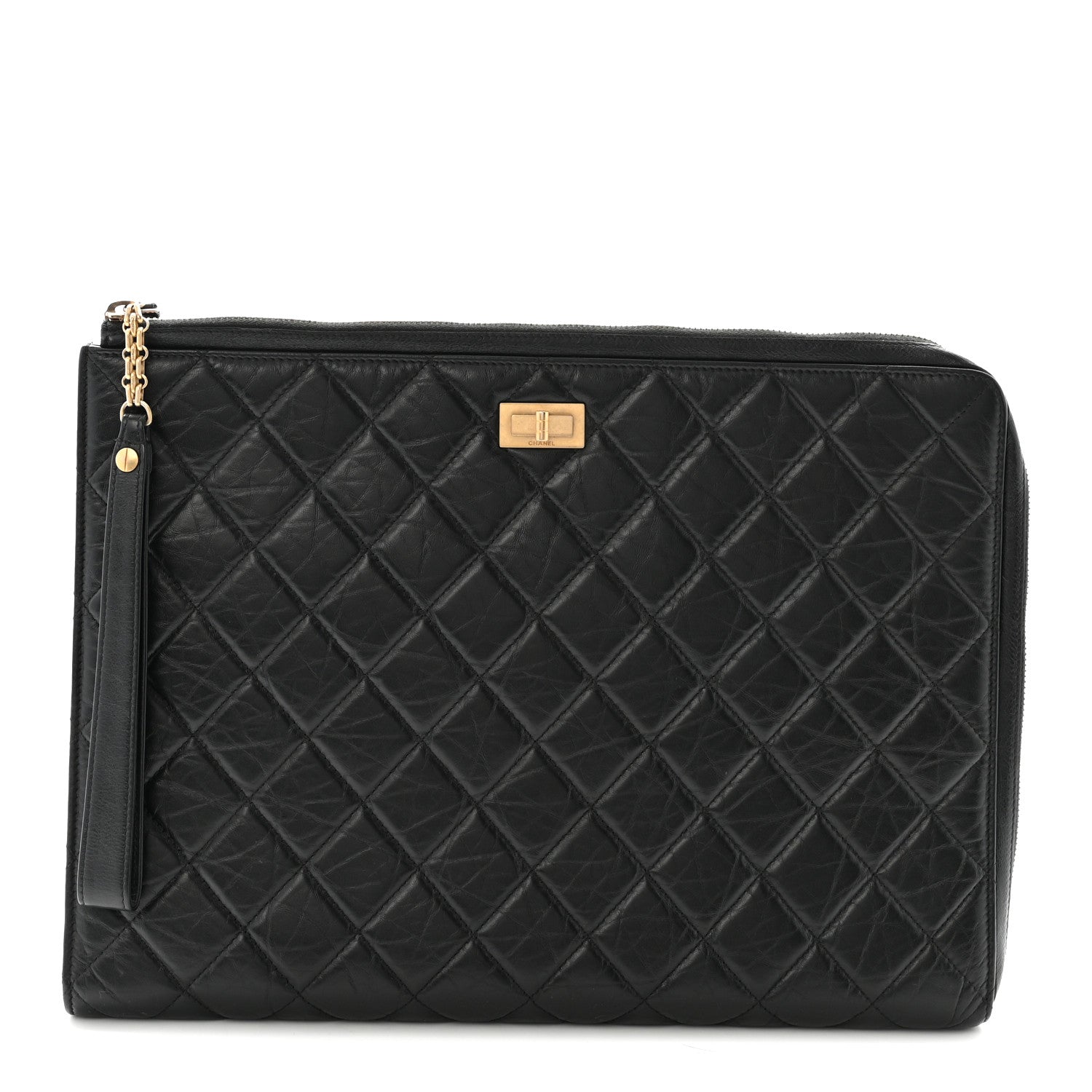 Aged Calfskin Quilted 2.55 Reissue Pouch With Handle Black