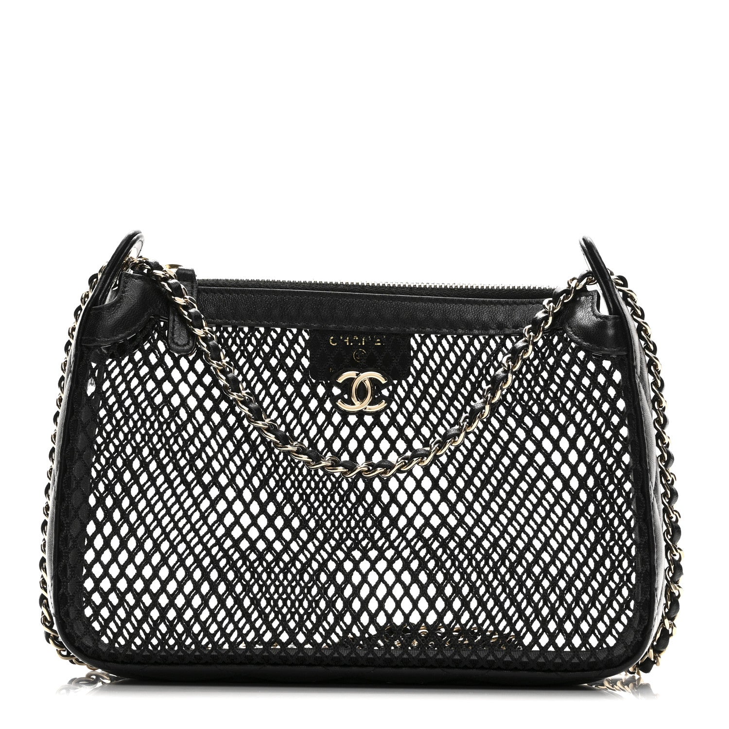 Mesh Shiny Lambskin Clutch With Chain  Black