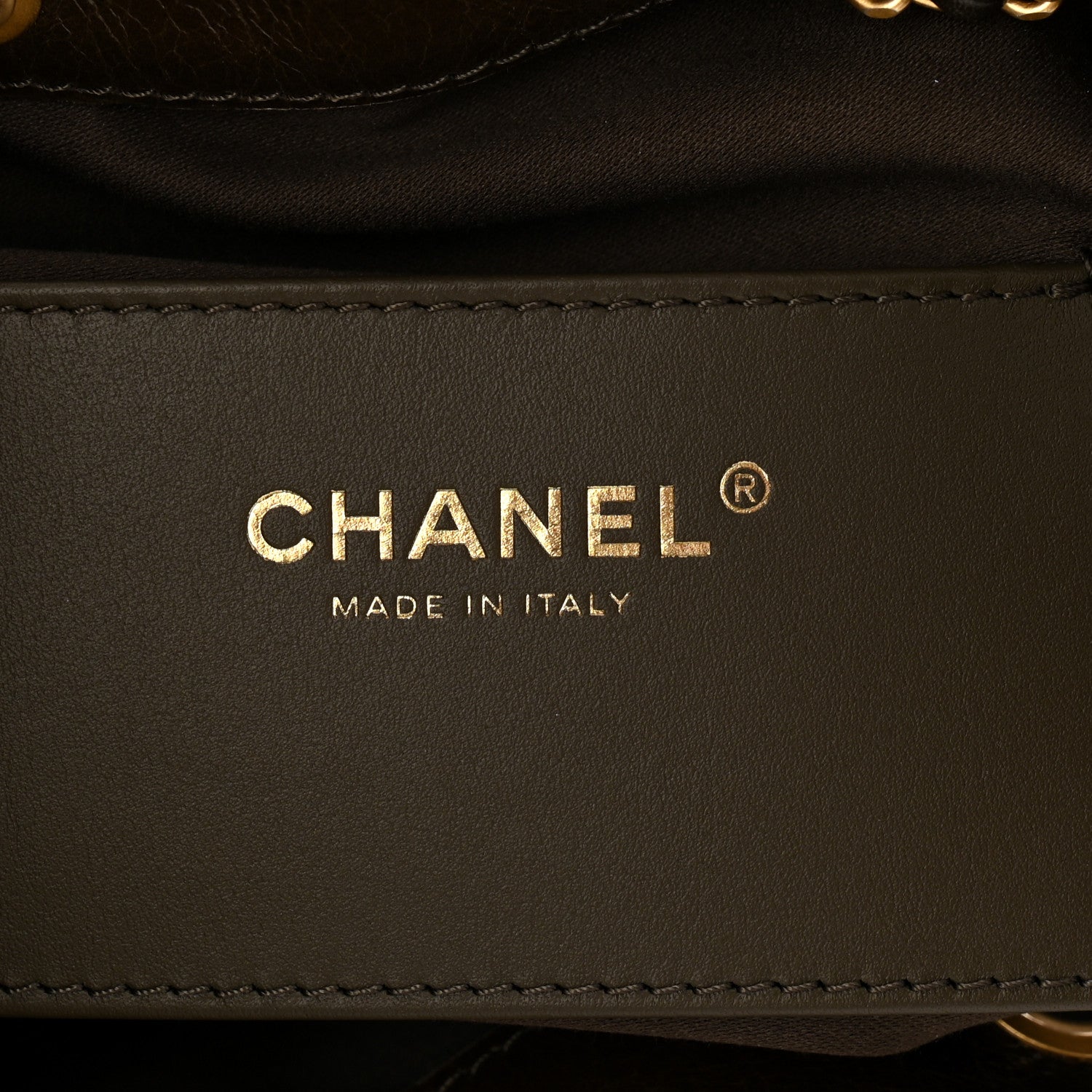 Shiny Crumpled Calfskin Quilted Small Chanel 25 Handbag Khaki